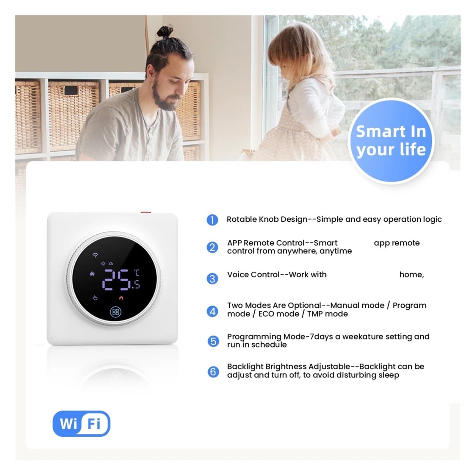 Inteligentny termostat, Pokrętło WiFi Termostat Inteligentny regulator temperatury Ogrzewanie elektryczne Woda Kocioł gazowy
