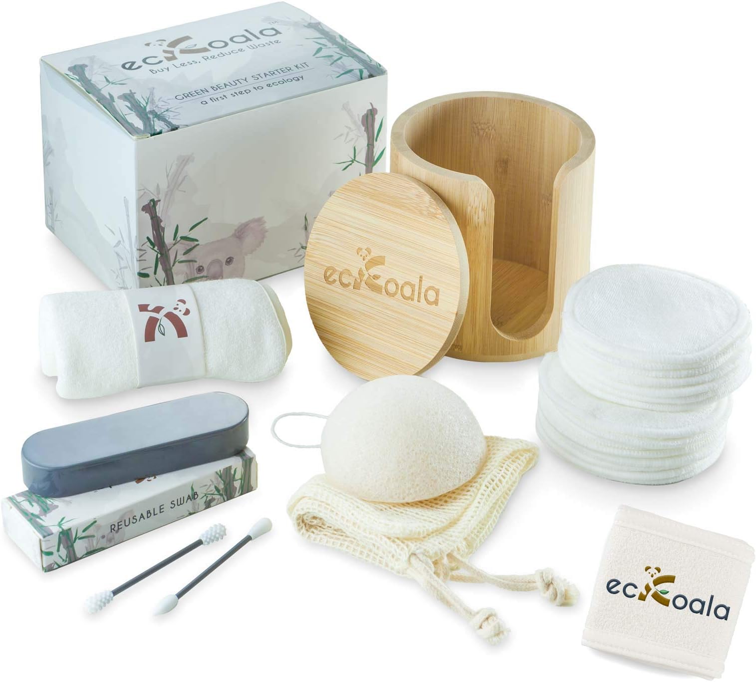ecKoala® Zero Waste Makeup Removal Kit – 16 Washable Cotton pads + Bamboo Box + Natural Fiber Makeup Towel+ Reusable Buds + Konjac Sponge + Mesh Washing Bag