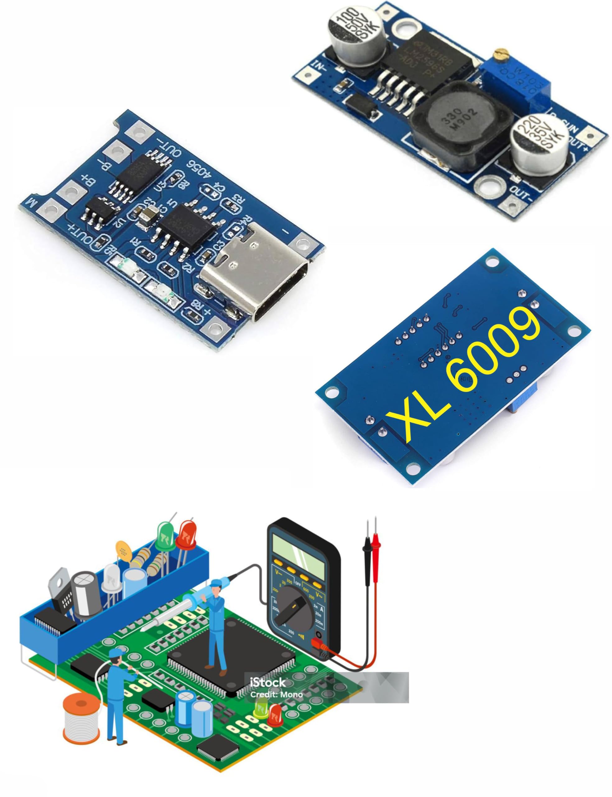 xl6009 dc-dc step-up booster power supply module with usb type-c tp4056 lithium battery charging, 5v 1a, led indicator, pack of 2