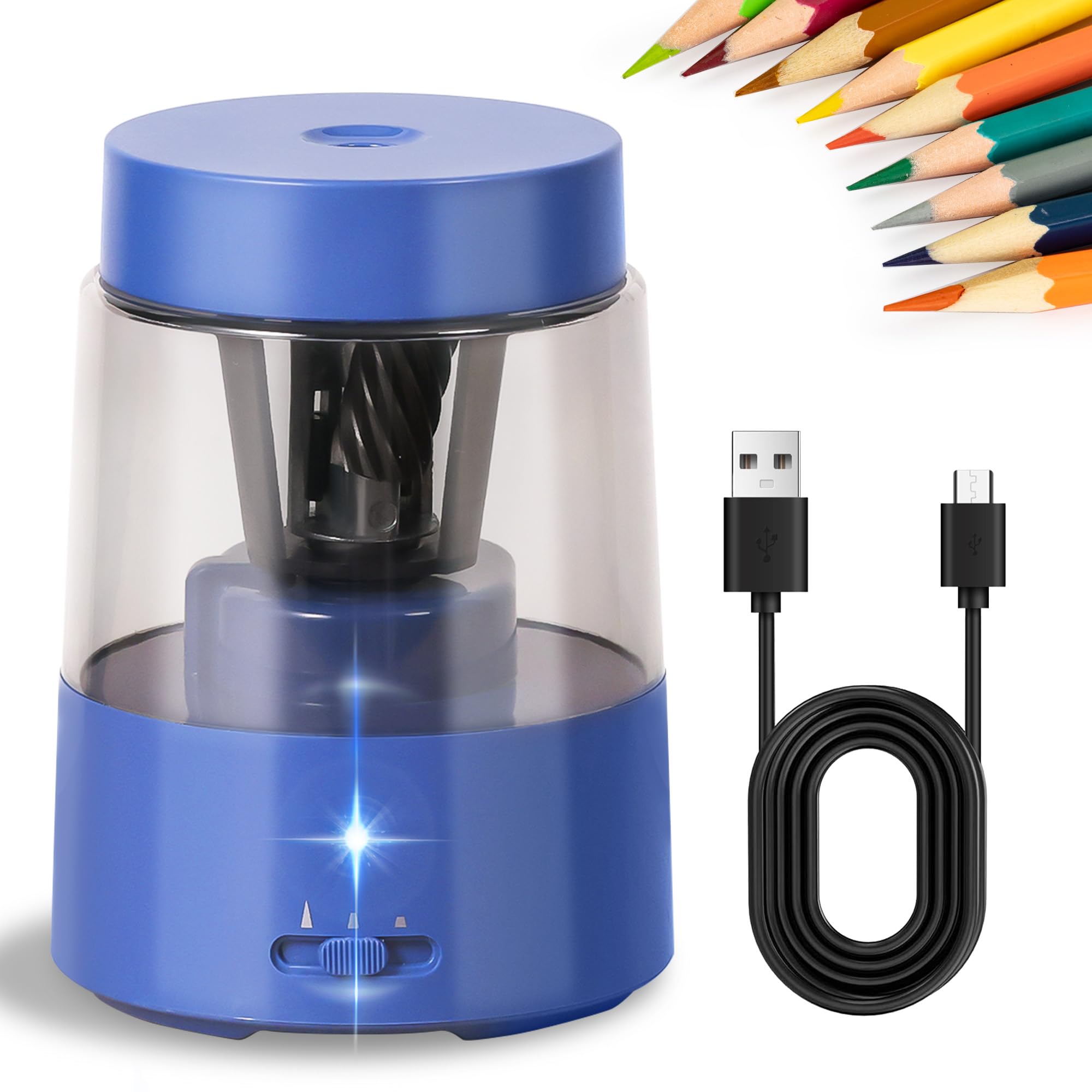 Electric Pencil Sharpener, Automatic Pencil Sharpeners Kids, Battery Rechargeable Pencil Sharpeners for Colored Pencils, Auto Stop, Suitable for No.2(6-8mm), School/Home Blue