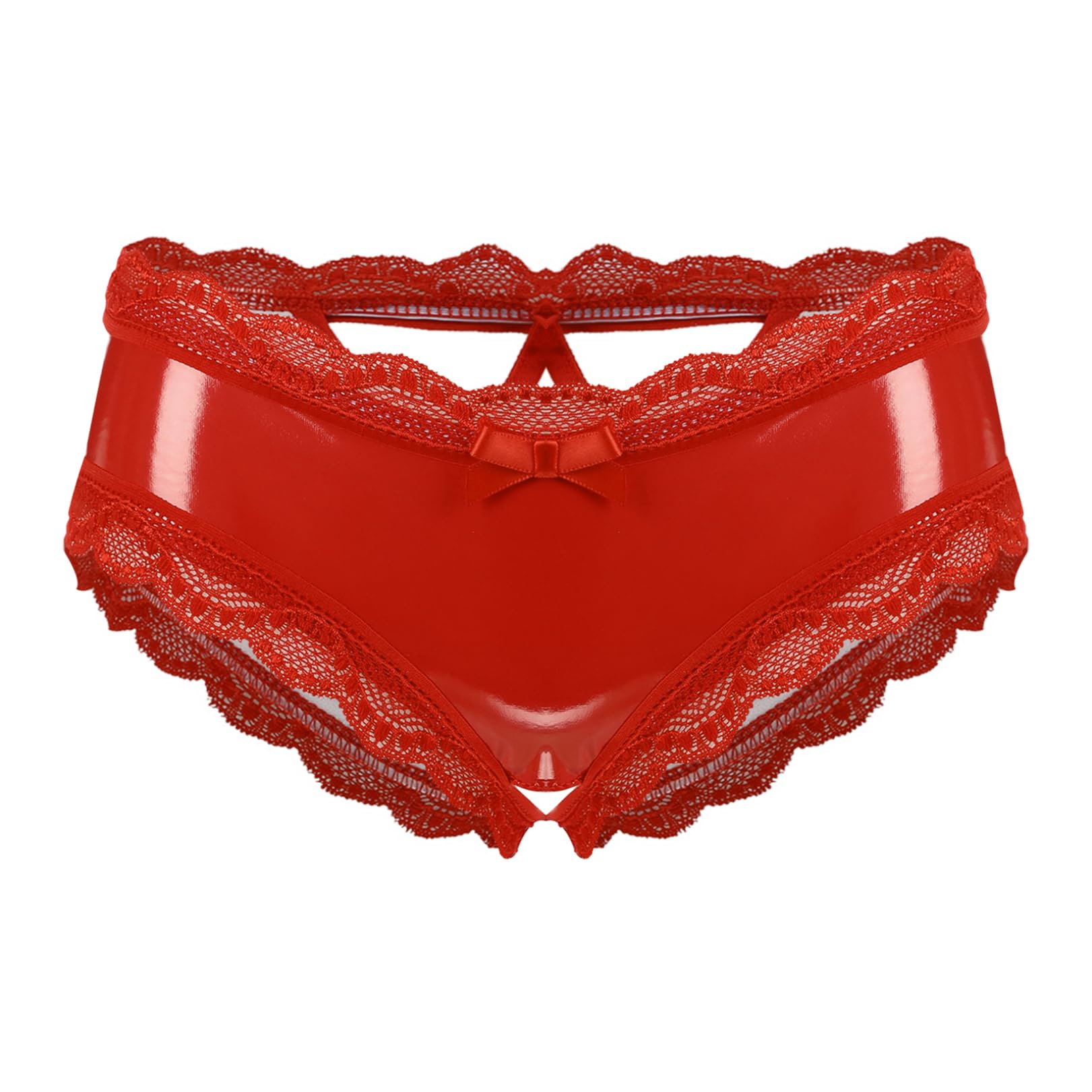 FEESHOW Donna Pelle Verniciata Slip Ouvert G String Tanga Wetlook Intimo Passo Aperto Mutandine Bikinislip Mutandina Slip