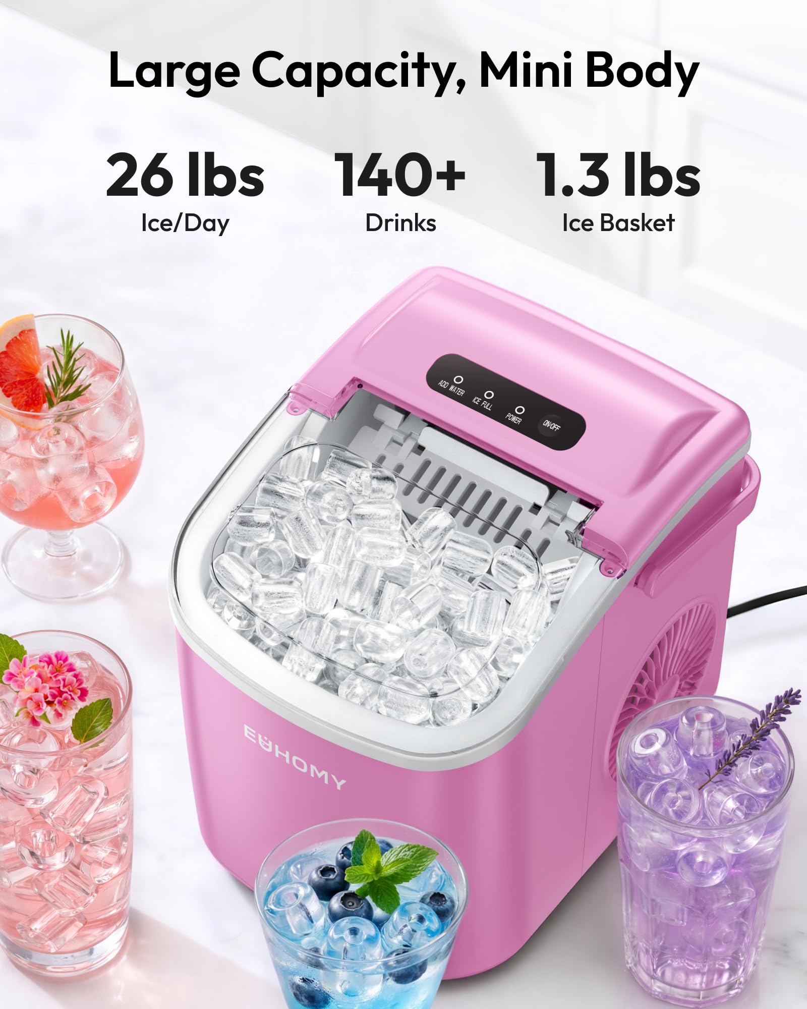 EUHOMY Countertop Ice Maker Machine with Handle, 26lbs in 24Hrs, 9 Ice Cubes Ready in 6 Mins, Auto-Cleaning Portable Ice Maker with Basket and Scoop, for Home/Kitchen/Camping/RV. (Pink) view 3