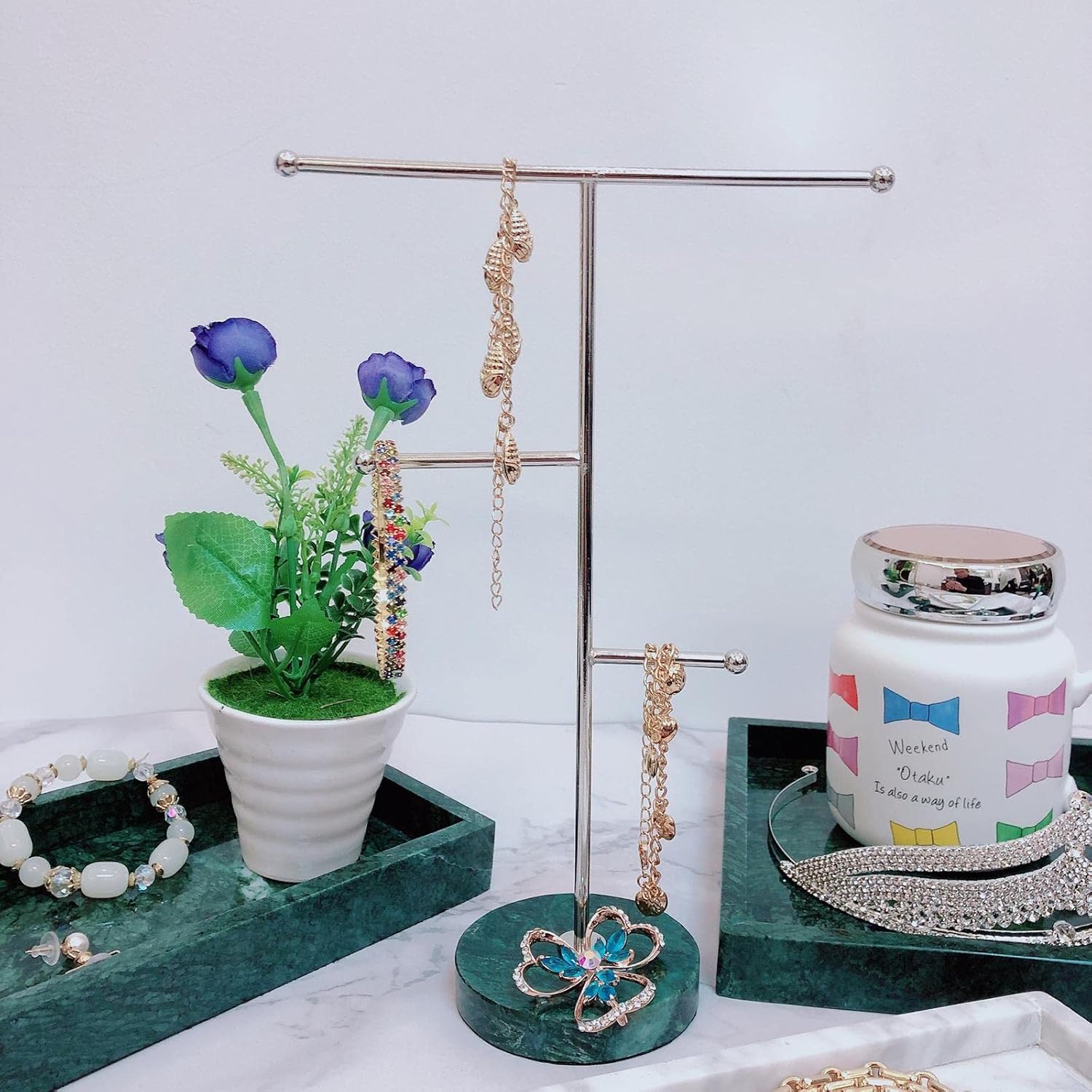 Nordic Metal Jewelry Display Rack with Marble Base | Elegant Design for Necklace Bracelets Earrings | Organize and Display Your Jewellry in Style | Perfect for