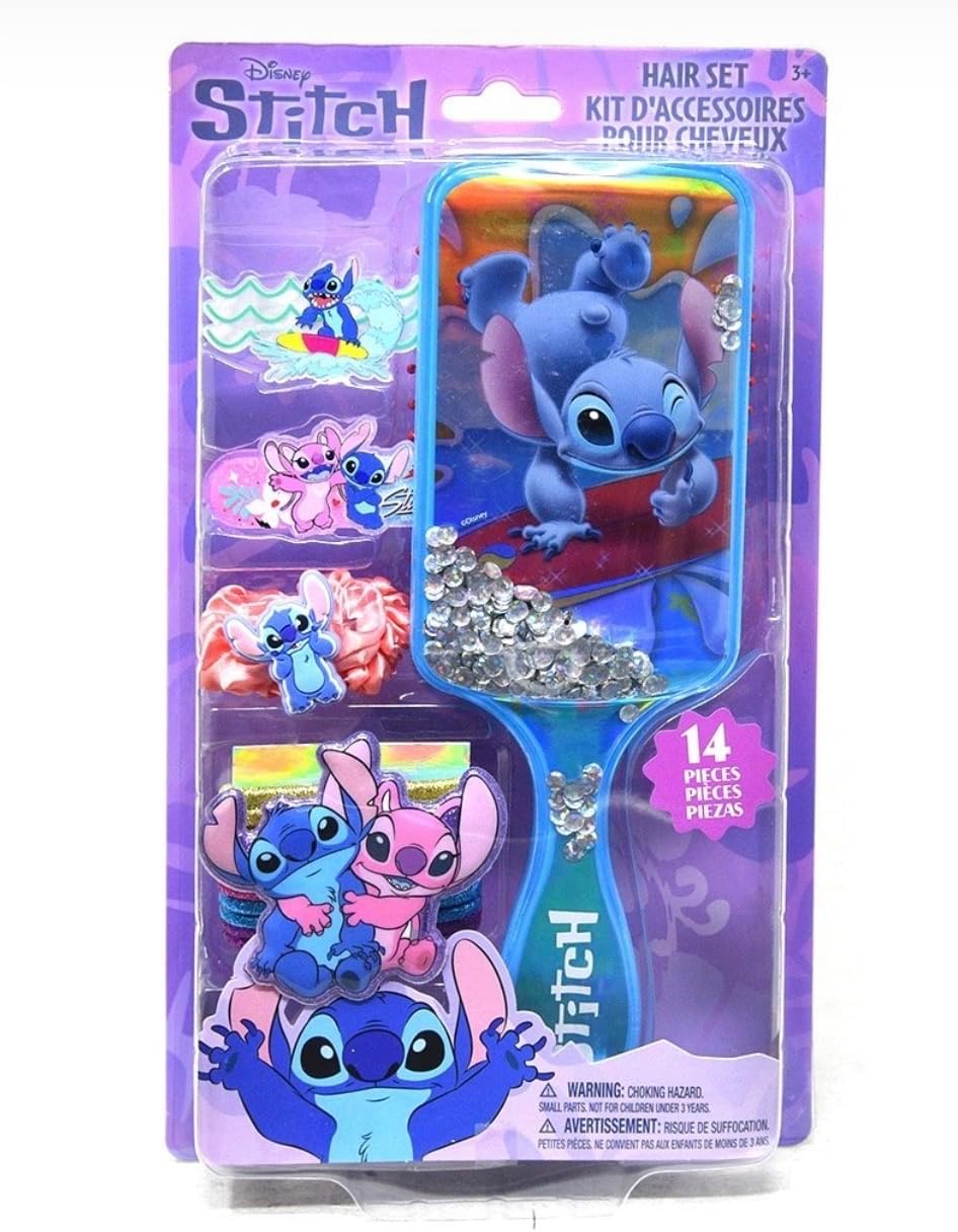 Townley Disney Stitch & Angel Hair Set for Girls, 14-Piece Accessory Kit, Brush, Scrunchies, Hair Tie & Hair Clips, Age 3+