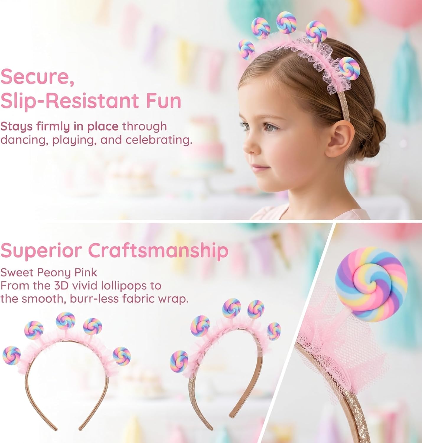 Lollipop Headband for Women And Girls - Sweet Candyland Candy Hair Clip Headpiece Hair Accessories - Pink Party Headdress Flexible Girls And Adult Lollipop Costume Party Candy Crown Photo Props