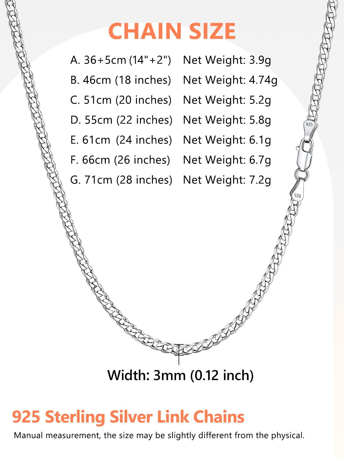 Silvora Collier Chaine en Argent Massif Homme Chaîne Femme 3MM/5MM Argent Sterling 925 Collier Maille Cubain/Figaro Longueur[36/46/51/55/61/66/71cm] Bijoux Cadeau Noël Fêtes Pères Mères