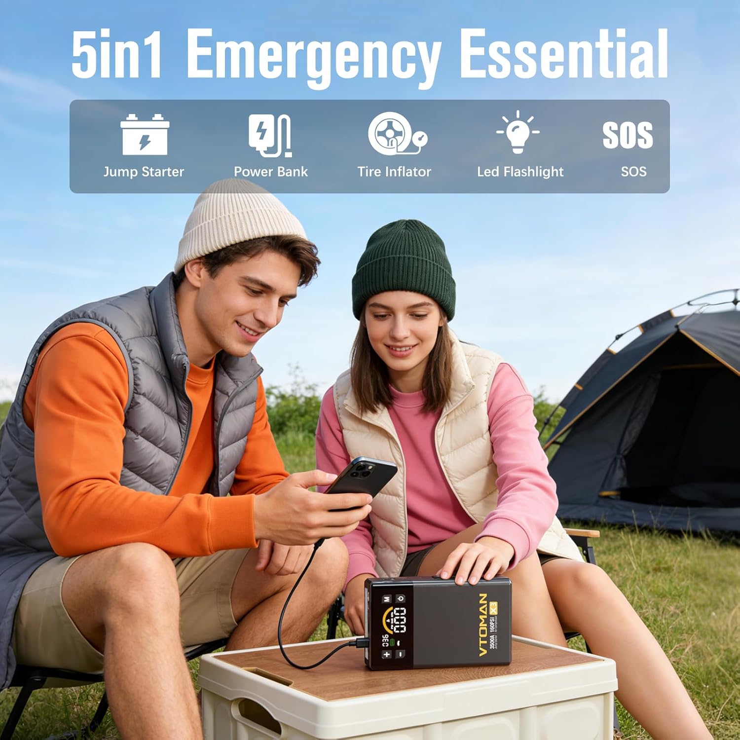 VTOMAN X3 Jump Starter with Air Compressor, 3500A Portable Car Battery Jumper Starter (9L Gas/8.5L Diesel Engines) + VTOMAN V-Truck Pro 8000A Car Battery Jump Starter with 65W Quick Charge