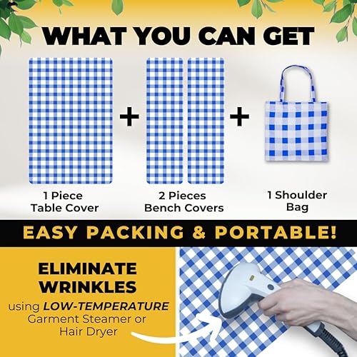 Miniatura 18 de RNOONY Funda de mesa de picnic de poliéster de 8 pies con fundas de banco, resistente al viento y al agua, perfecto para regalos de campamento