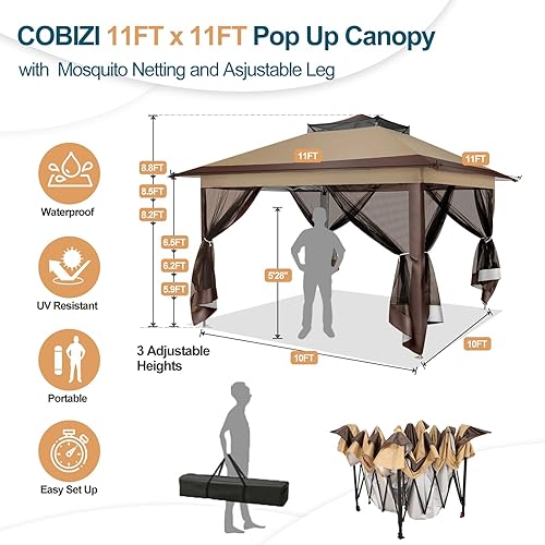 Miniatura 3 de COBIZI Gazebo desplegable de 10 x 10 pies en liquidación con toldo de 11 x 11 pies, gazebo portátil impermeable con mosquiteras, techo doble