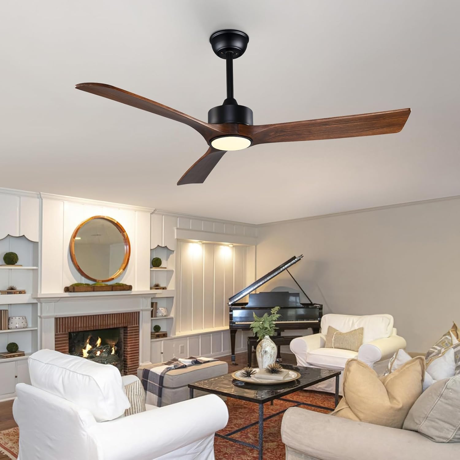 52 Inch Modern Wood Ceiling Fan with Lights and Remote - Reversible Wood Blades, Silent Operation, Warm Soft Light, Suitable for Indoor and Outdoor Spaces Black+Brown Blade