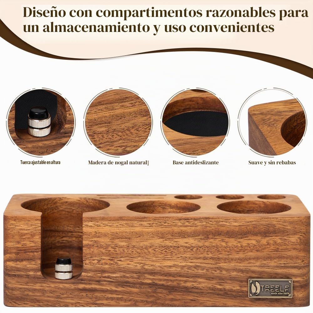Estación de Prensado Café 58 mm de Madera de Nogal Estación de Apisonamiento Espresso para Portafiltros de 58 mm Accesorios de Barista, Altura Ajustable, con Almohadillas Antideslizantes