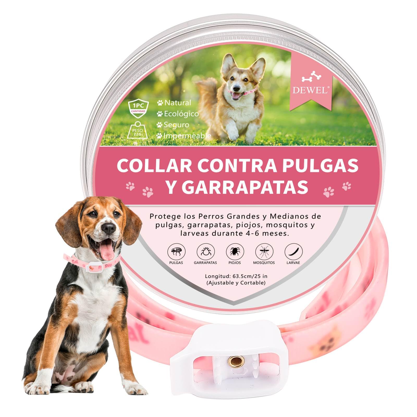 DEWEL Collar Antiparasitarios Perros, Collar contra Pulgas, Garrapatas, Mosquitos y Piojos, Collares Antipulgas para Perro y Gato 6-8 Meses Seguros y Ajustables 63.5cm Rosa