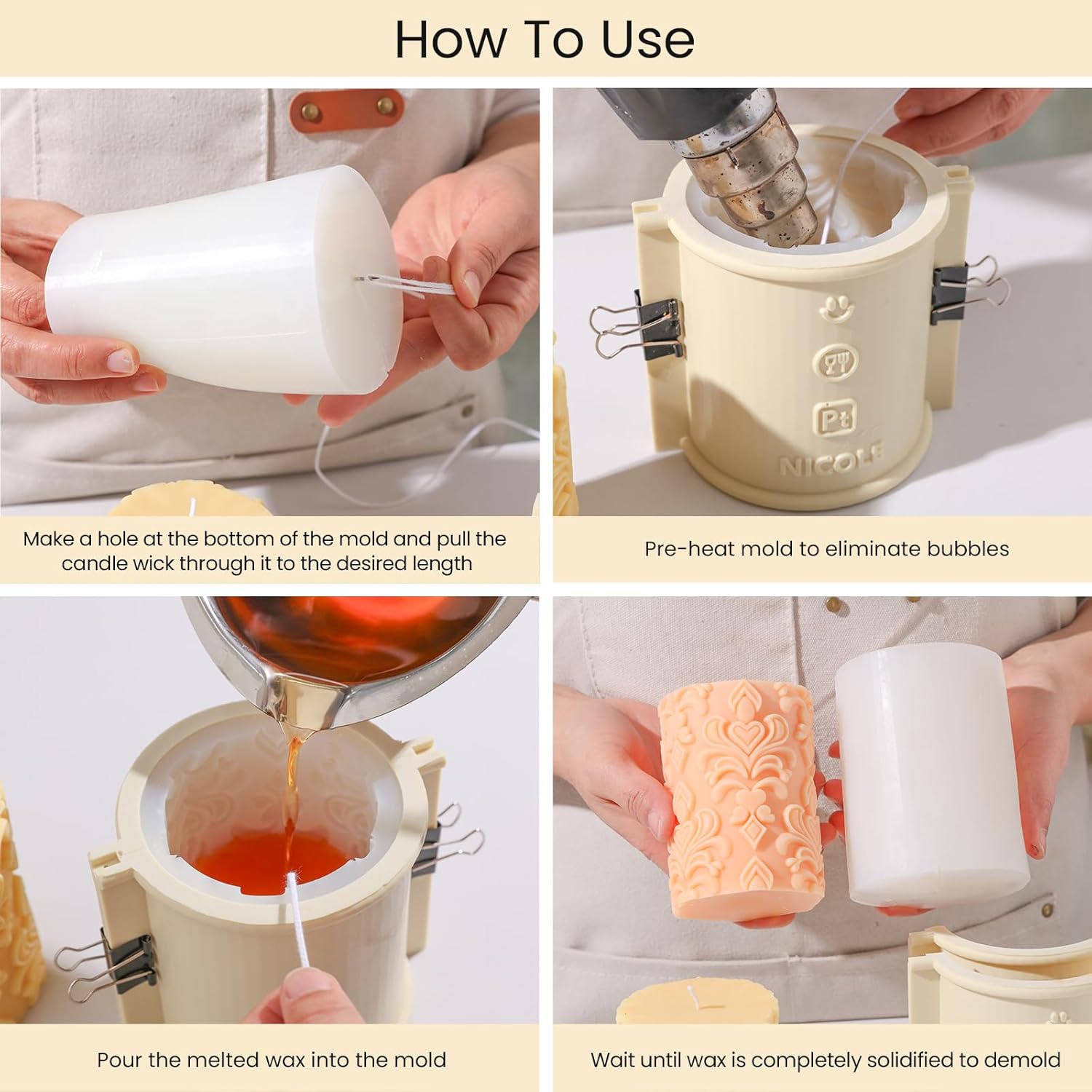 BOOWAN NICOLE Relief Pillar Candles Silicone Mold for Candle Making, Cylinder Round Candle Mould for DIY Handmade Handcrafted Home Decoration (LZ0663-2)