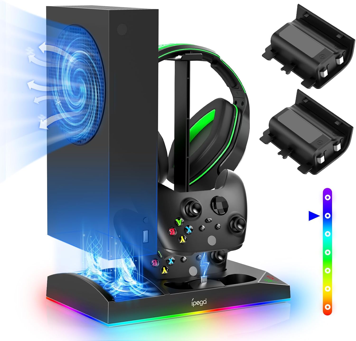 Charging & Cooling Fan Stand for Xbox Series S, Dual Controller Charger Station & Cooler System with 15 LED Light Modes, Headset Hook,USB C Cable, Accessories for XSS with 2x1400mAh Batteries (Black)