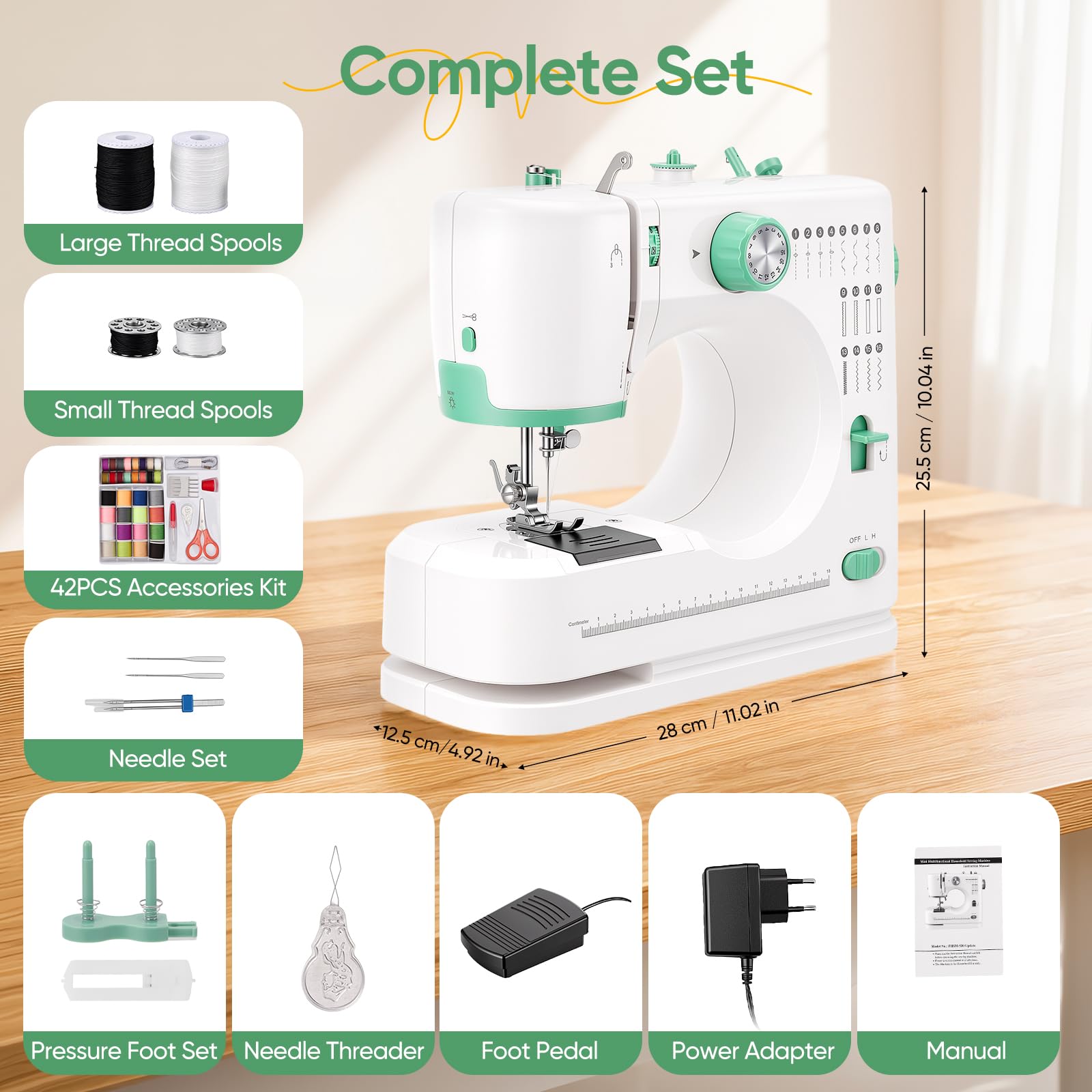 Máquina de coser para principiantes, 16 puntadas, juego de 42 accesorios | Máquina de coser portátil con luz LED, pedal de pie, máquina de coser compacta para retocar denim, algodón y tela normal