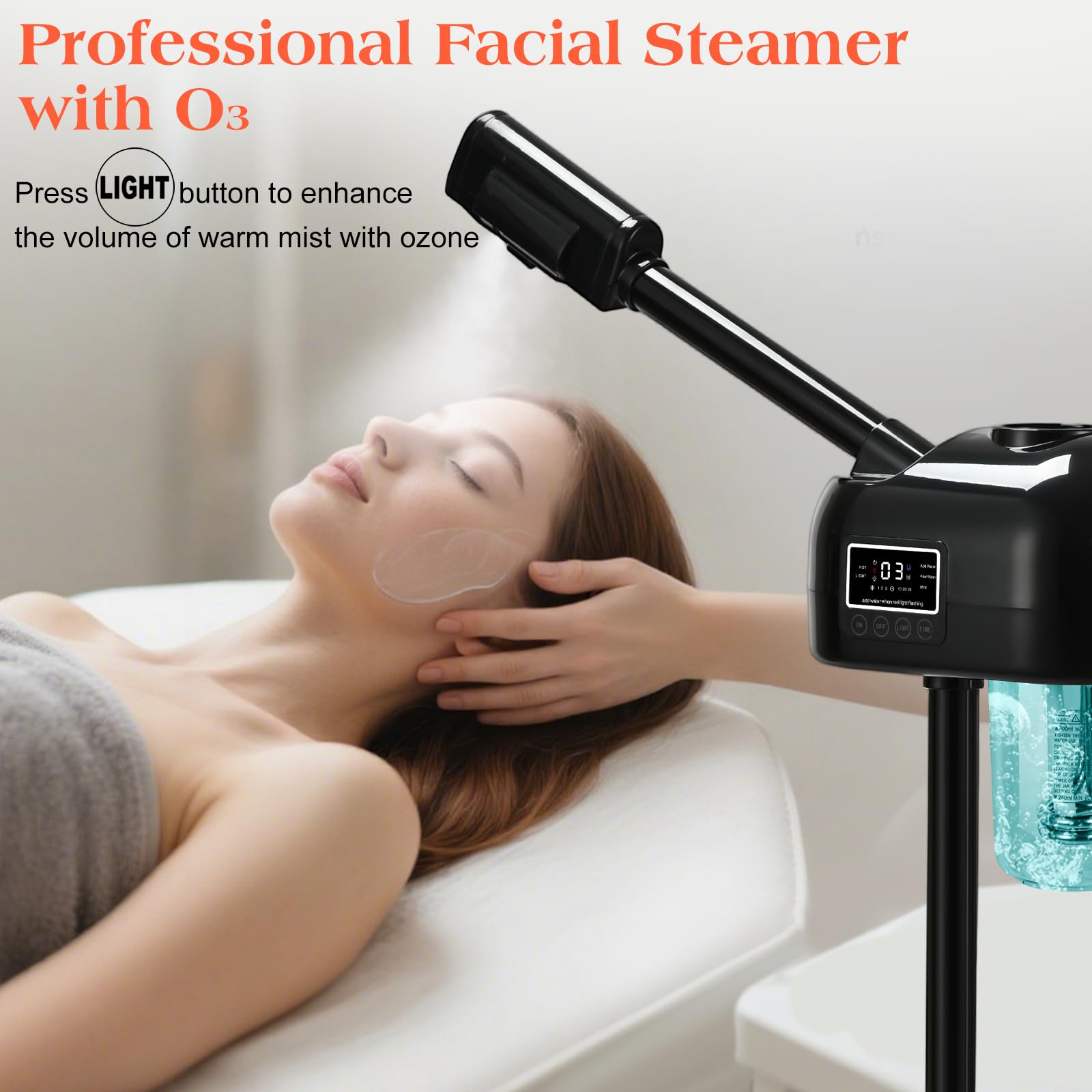 Vapeur facial professionnel avec spray ozone, brume chaude, fonction minuterie, écran tactile LCD, spa à la maison, noir