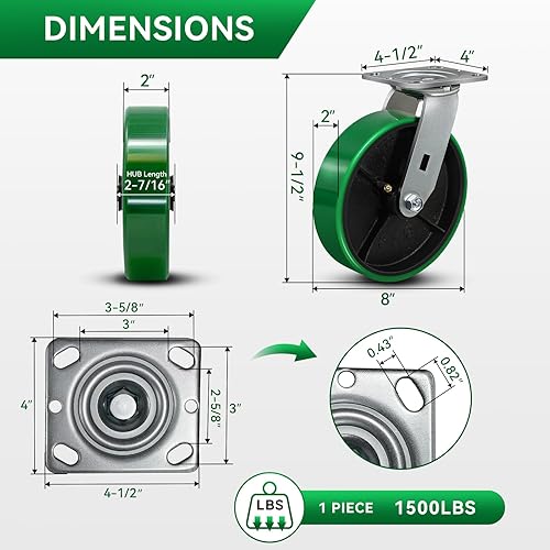 Miniatura 2 de Ruedas giratorias de 8 x 2 pulgadas, ruedas resistentes, rueda de poliuretano, capacidad de hasta 1500 libras. Uso para camión de plataforma,