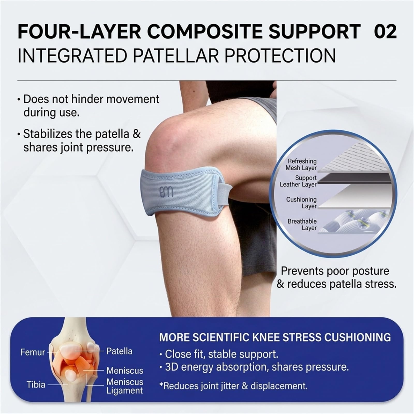 Professionelle Kniebandage für Laufen, Basketball, Fitnessstudio und andere Sportarten. Verstellbare Patellasehnenbandage zur Schmerzlinderung. Atmungsaktiver Gelenkschutz für Damen und Herren.