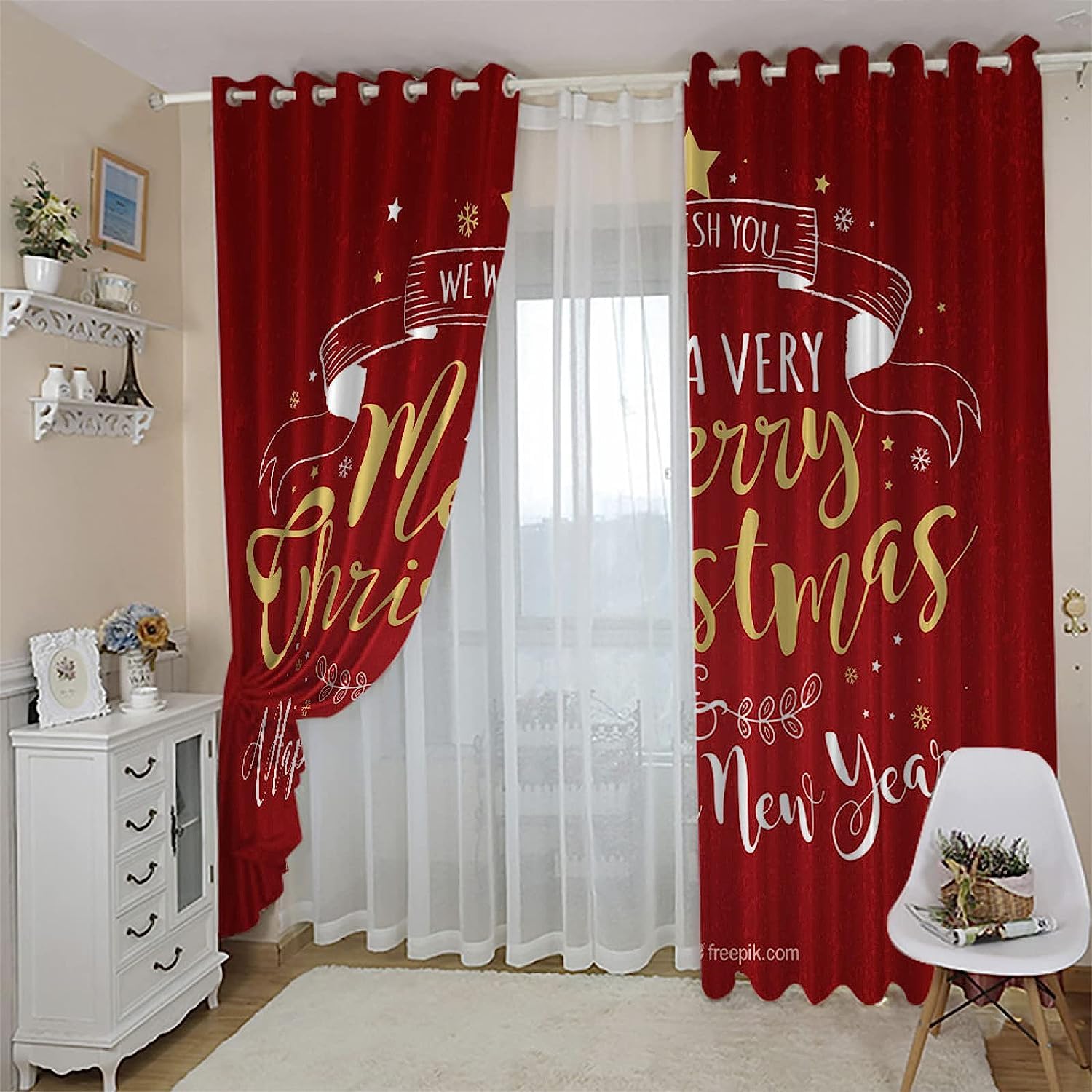 Cortinas De Habitación Infantil 3D Cartel Rojo De Navidad Cortinas Opacas Termicas Aislantes Frío Y Calor Reduccion Ruido Proteccion Intimidad para Hogar Dormitorio 2 Piezas 280 X 250 Cm -3U3C/M2G
