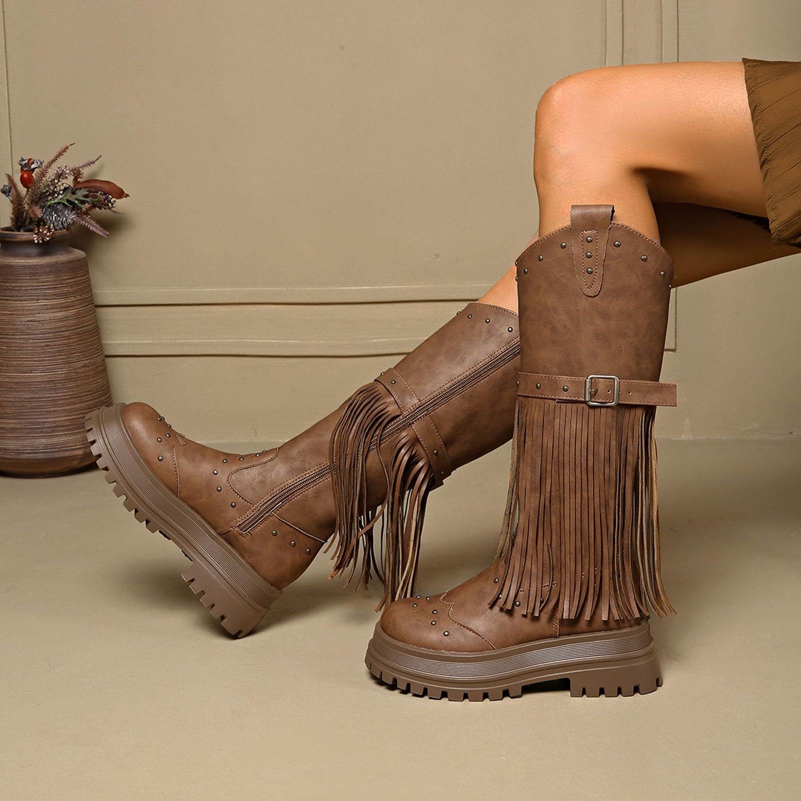 Botas de Invierno Mujer Botas Altas hasta la Rodilla de Moda con Detalle Flecos y Suela Plataforma, cómodas otoño e Invierno con Cremallera Lateral.