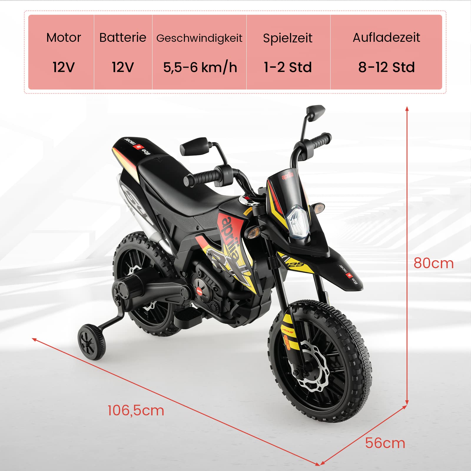 COSTWAY Aprilia Elektro Motorrad Kinder, 12V Kindermotorrad mit Stützrädern & Musik & Scheinwerfer, 5,5-6 km/h, geeignet für Kinder von 3 bis 8 Jahren (Schwarz)