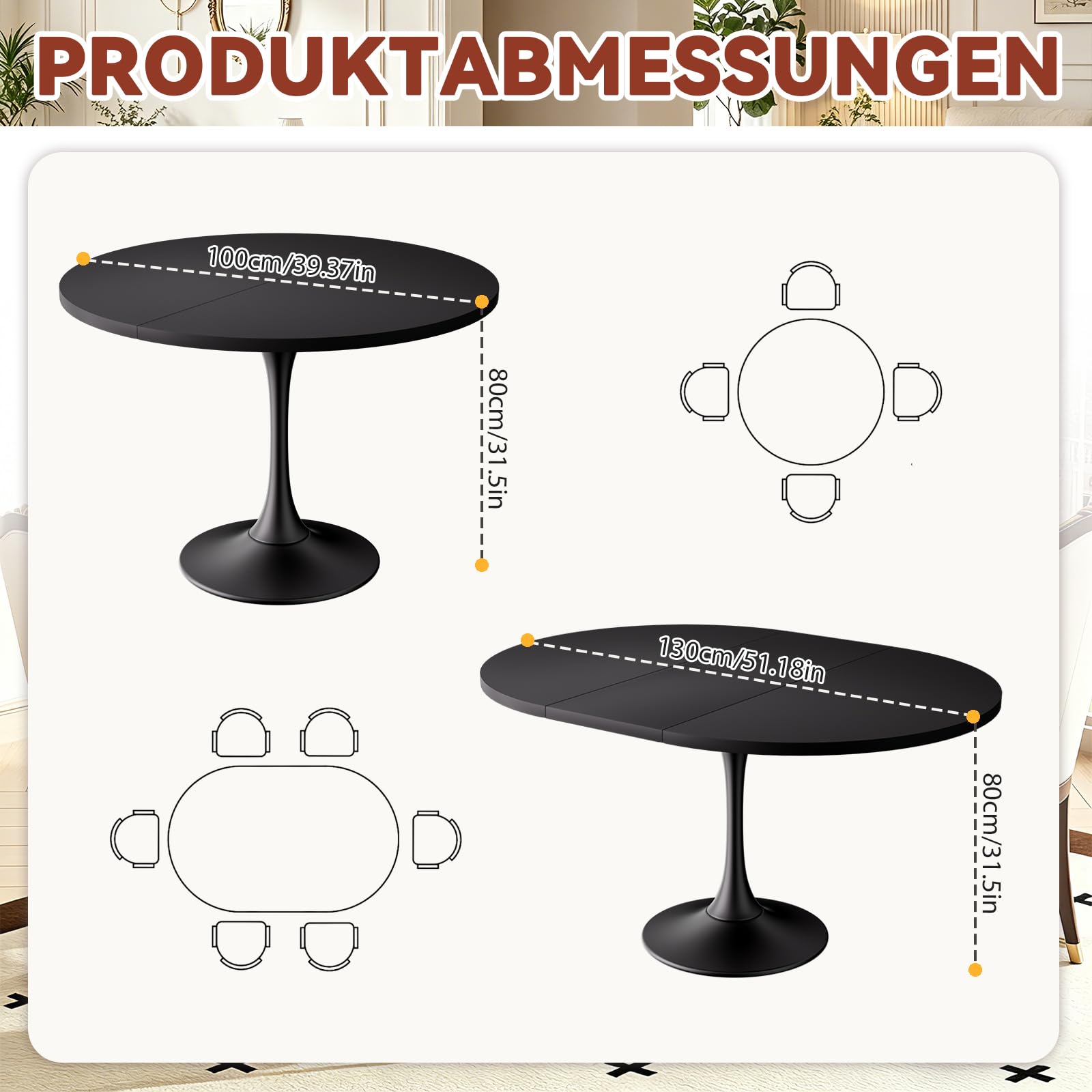 TWSOUL Tavolo da pranzo rotondo allungabile 100 – 130cm per 6 – 8 persone, tavolo da cucina con piano regolabile e base stabile a colonna, salvaspazio,superficie in legno di facile manutenzione (nero)