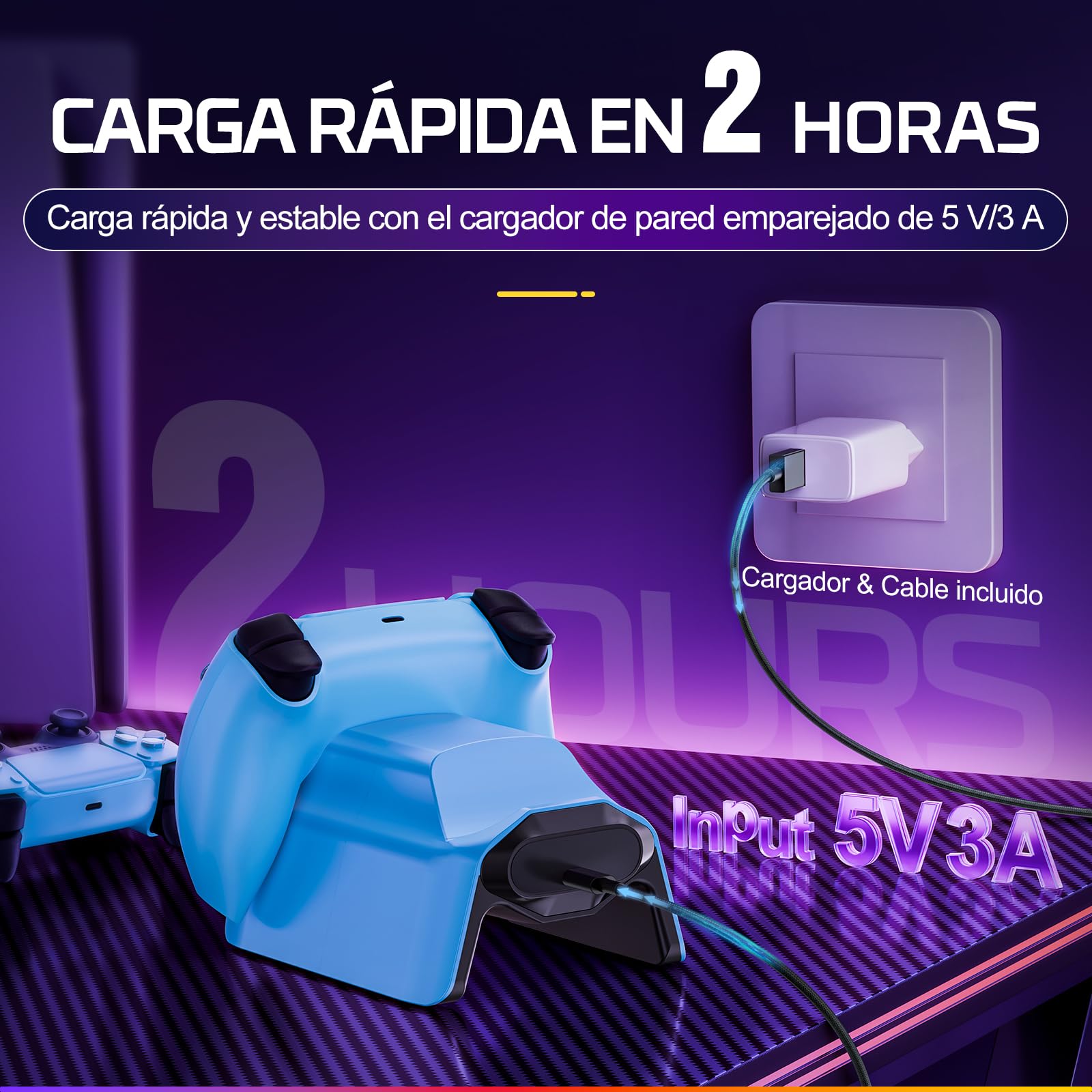 Fachixy Cargador de Controlador para PS5, Base de Carga rápida de 2 Horas para PS5 DualSense, estación de Carga con enchufes y Cables Individuales, con indicador LED