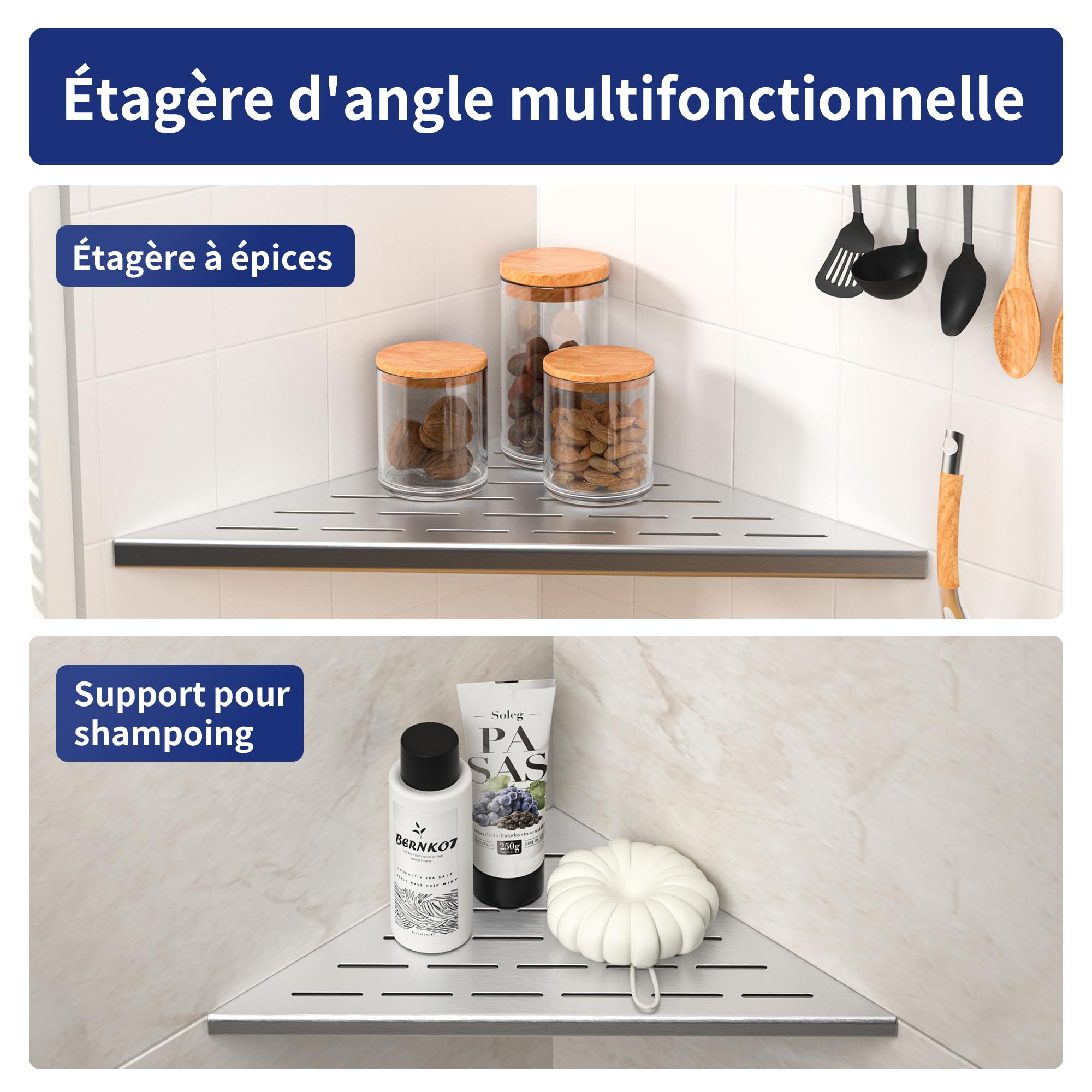 Lot de 2 étagères d'angle de douche en acier inoxydable 304 pour murs carrelés, encastrables, pour rénovation de salle de bain (brossé, 254 mm, 2 unités)