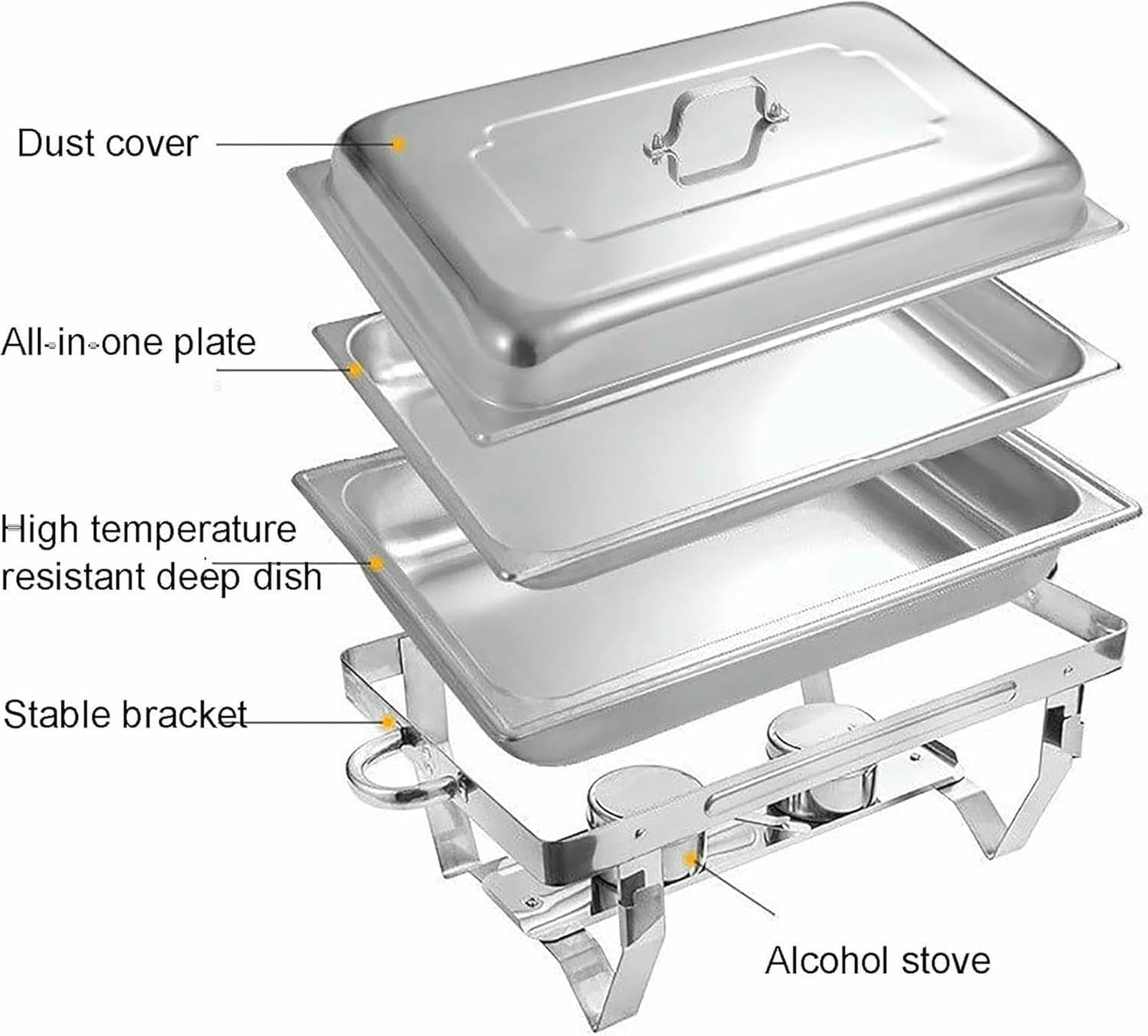 Juego de Buffet Chafing Dish, Calentador de Alimentos portátil, Juego de Buffet Chafing Dish de Acero Inoxidable, para buffets, Bodas, Banquetes y Catering (3 Rejillas, 5 Piezas)