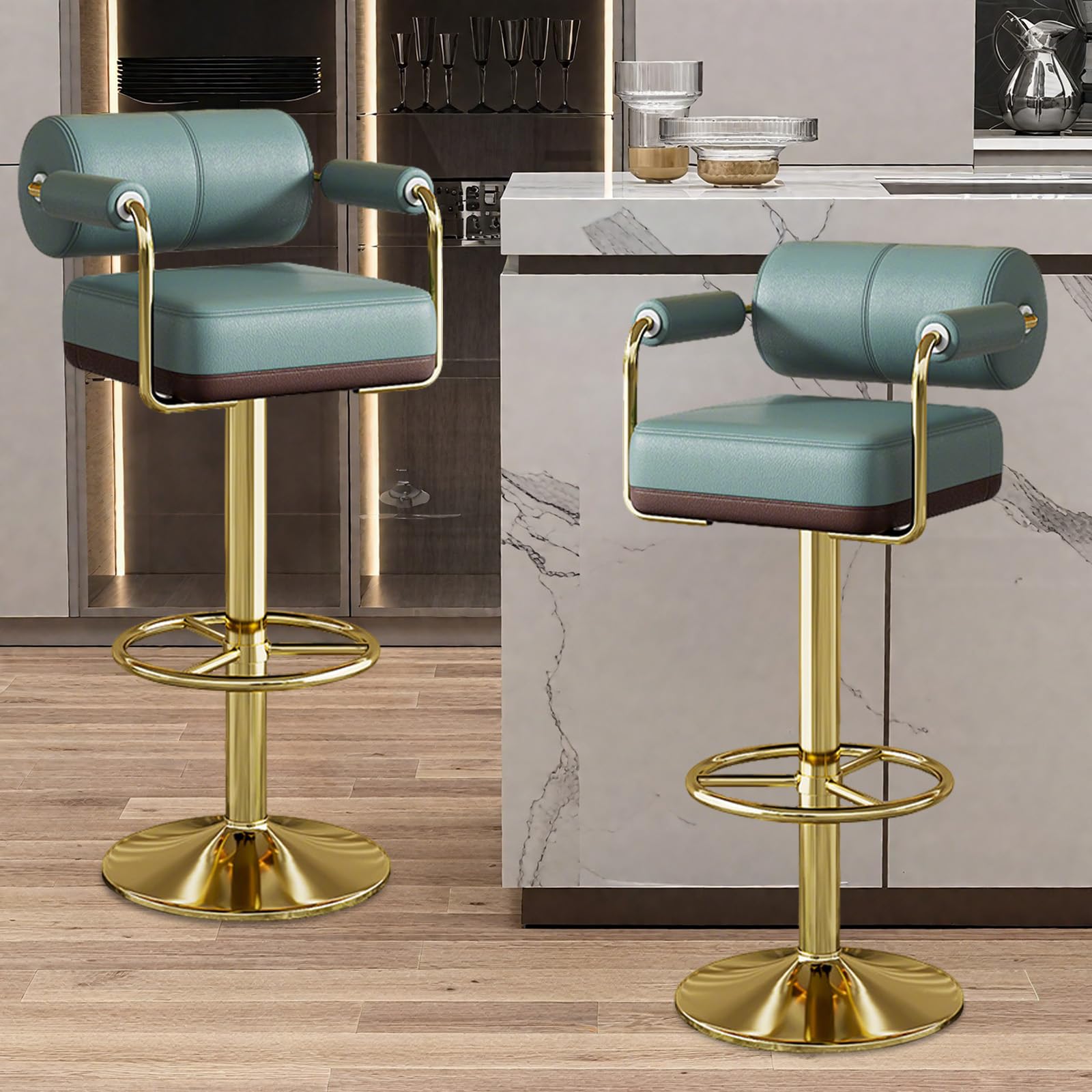 Vigosit Barhocker Set Höhenverstellbar, Barstuhl mit Lehne & Armlehne, 360° Drehbarer Tresenhocker für Küche, Gepolsterter Küchenhocker mit Großer Sitzfläche & Stabiles Metallgestell， Grün(1 Stück)
