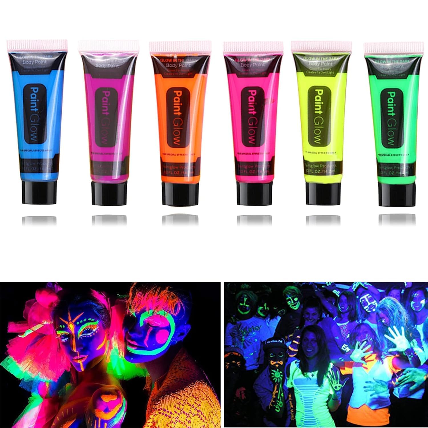 ARTISTERY Glow in the Dark Face Body Paint,Washable Neon Face Body Paint,Black Light Face Makeup,Fluorescent Neon Body Paint, for Parties, Festivals, Christmas and Events Set of 6 Tubes(6 colors)