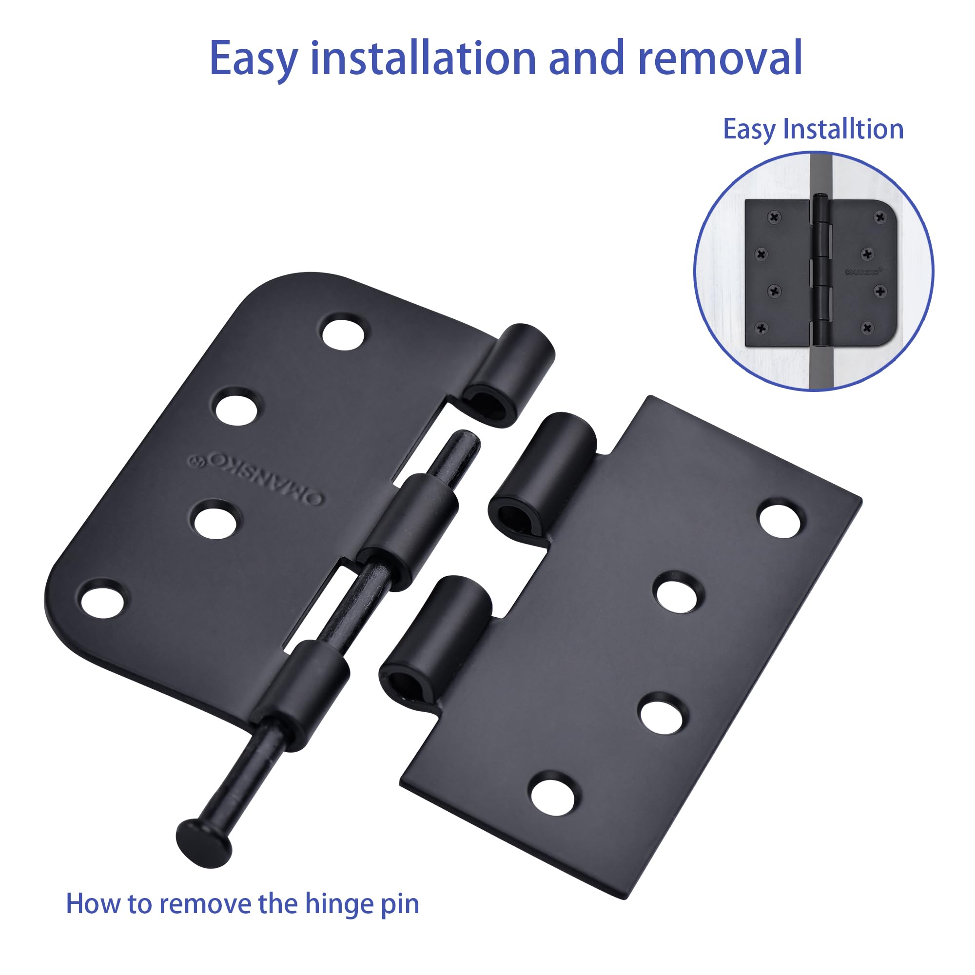 Bisagras de puerta negras de 4 x 4 pulgadas, paquete de 18 bisagras de puerta negras mate abatibles para puertas interiores, bisagras resistentes con esquina cuadrada y radio de 5/8 pulgadas