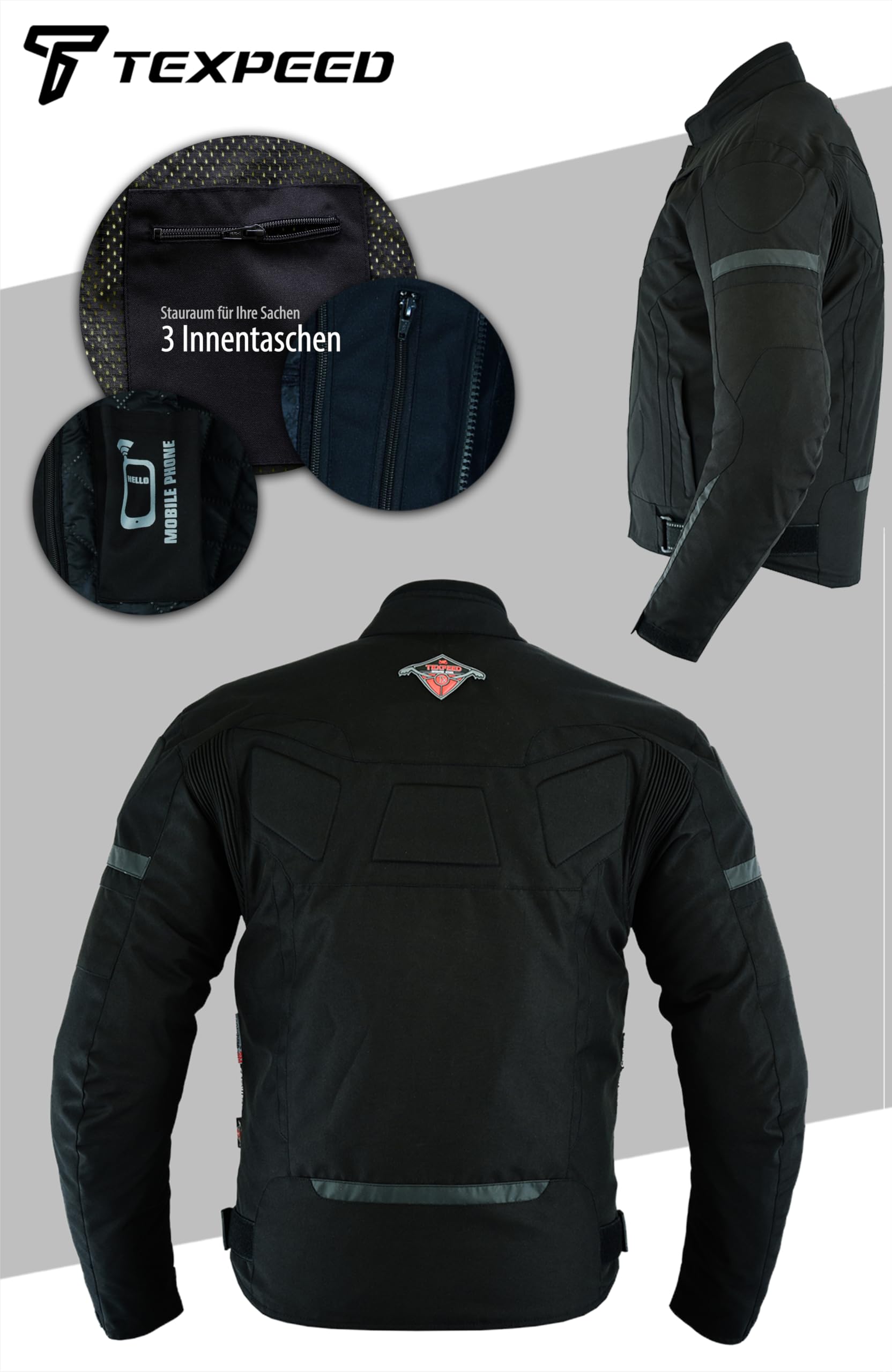 Texpeed Motorradjacke herren mit protektoren - Motorrad Biker Wasserdicht Jacke Mit Rüstung (EN 1621-1) Schwarz - L