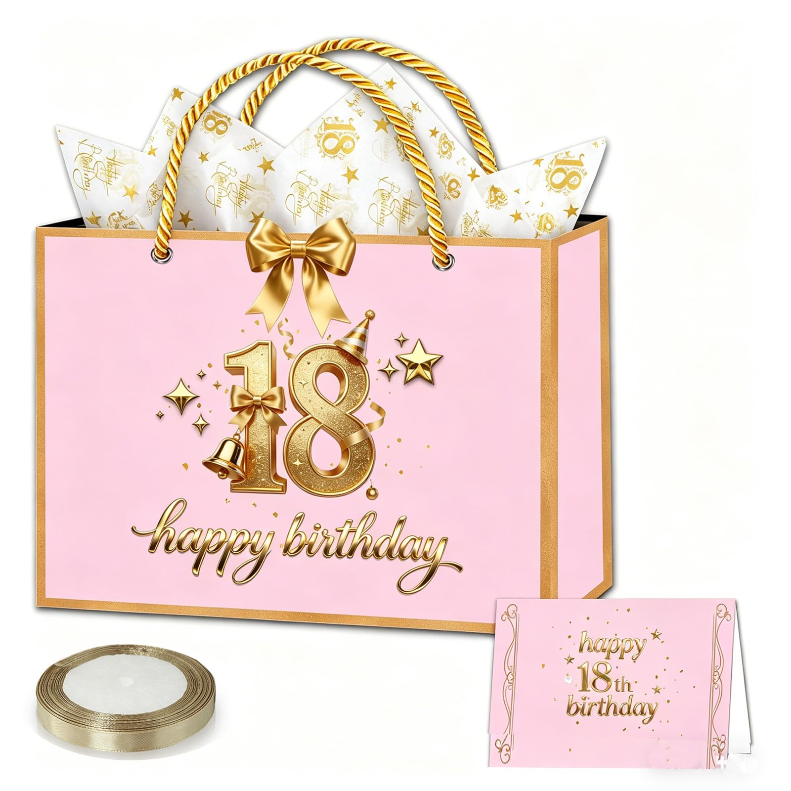 18th Birthday Gift Bag for Grils, 28 * 20 * 10cm Luxury Pink Birthday Party Gift Bag Medium with 18th Tissue Paper Sheets Card and Ribbon for Ladies Her Female 18 th Birthdays Present Decorations