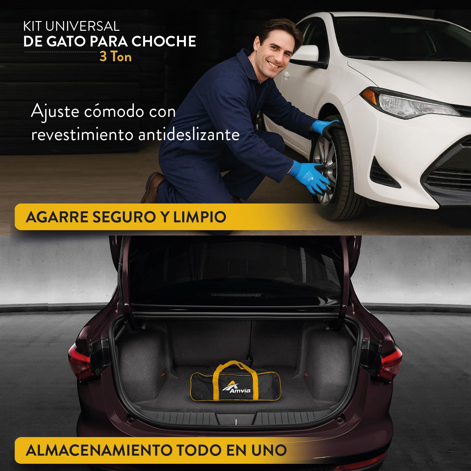 Kit Gato Hidráulico Coche 3 T | Gato de Tijera para SUV y Automóviles | Goma Cruz (+2,5 cm), Goma Plana para Vehículos Bajos, Llave para Ruedas Incluida, Kit de Emergencia, Cambio de Neumáticos