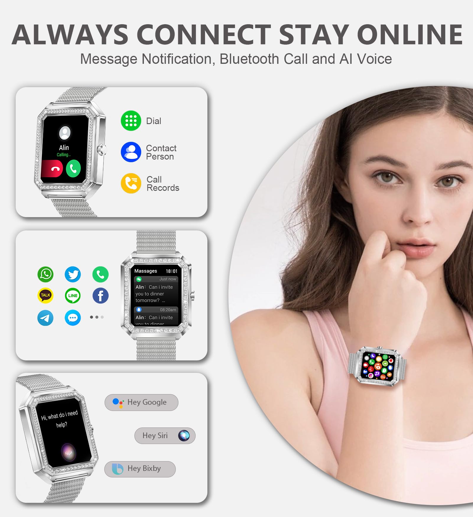 Iaret Reloj Inteligente Mujer con Llamada,1.59" Impermeable Diamante Smartwatch con Seguimiento Menstrual Pulsómetro SpO2 Monitor Sueño Presión Arterial Reloj Podómetro para Android iOS, Regalo Mujer