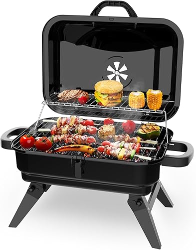 Parrilla de carbón portátil con estante de calentamiento, pequeña parrilla de barbacoa de mesa, patas plegables, ventilación ajustable, total de 343