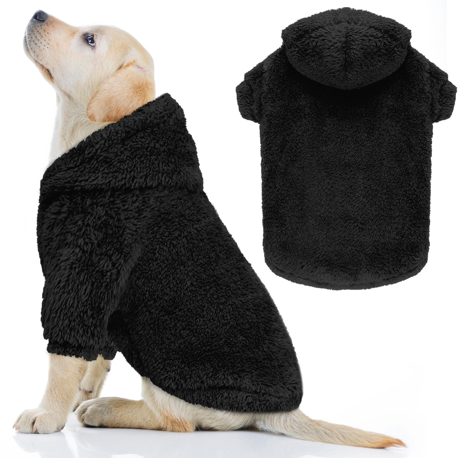 Fuzzy Dog Sweaters for Large Dogs Soft Double-Sided Plush Fleece Pet Sweater Clothes Pet Coats Dog Hoodie Sherpa Hooded Sweatshirt(Black-L)
