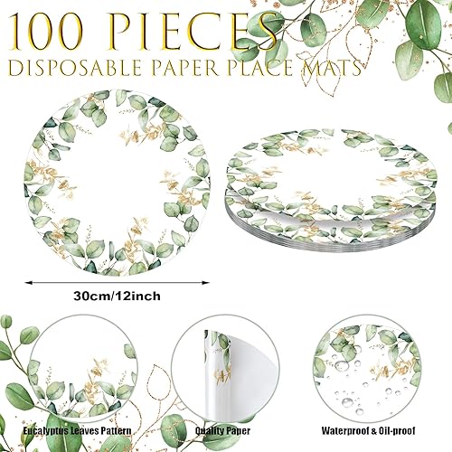 Miniatura 2 de Paquete de 100 manteles individuales redondos de papel de hojas de eucalipto de 12 pulgadas, color verde salvia, manteles desechables para mesa de