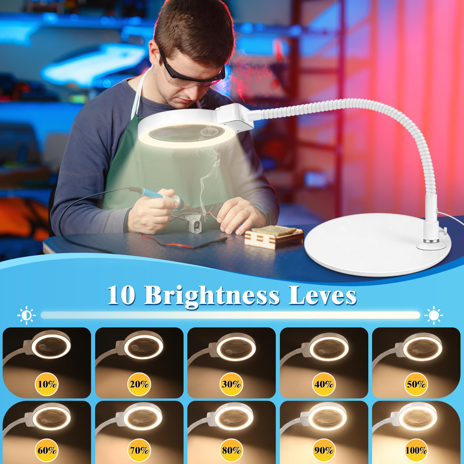 10-fache 30-fache Lupe mit Licht und Ständer, 72 LEDs, 3 Farbmodi, stufenlos, dimmbar, freihändig beleuchtete Lupe, Schreibtischlampe für Naharbeit, Handwerk, Hobby, Malen, Nähen, Schmuck, Lesen (weiß
