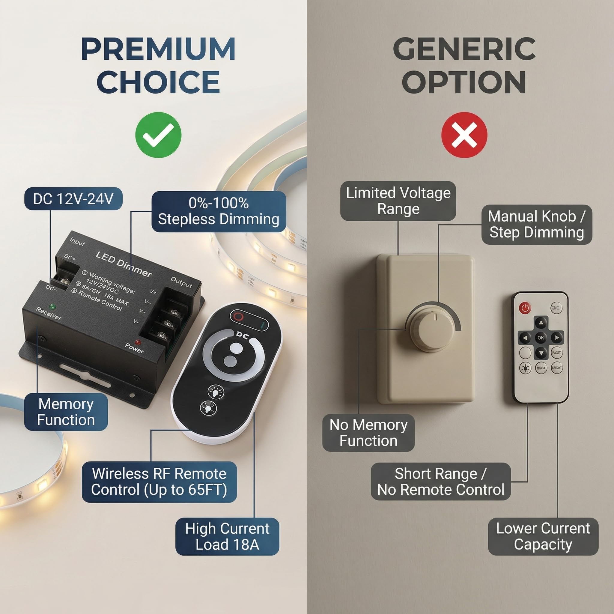 KIMISS Dimmer RF Per Strisce LED E Insegne Al Neon – 12-24V, 30A, Telecomando Wireless 30m, PWM