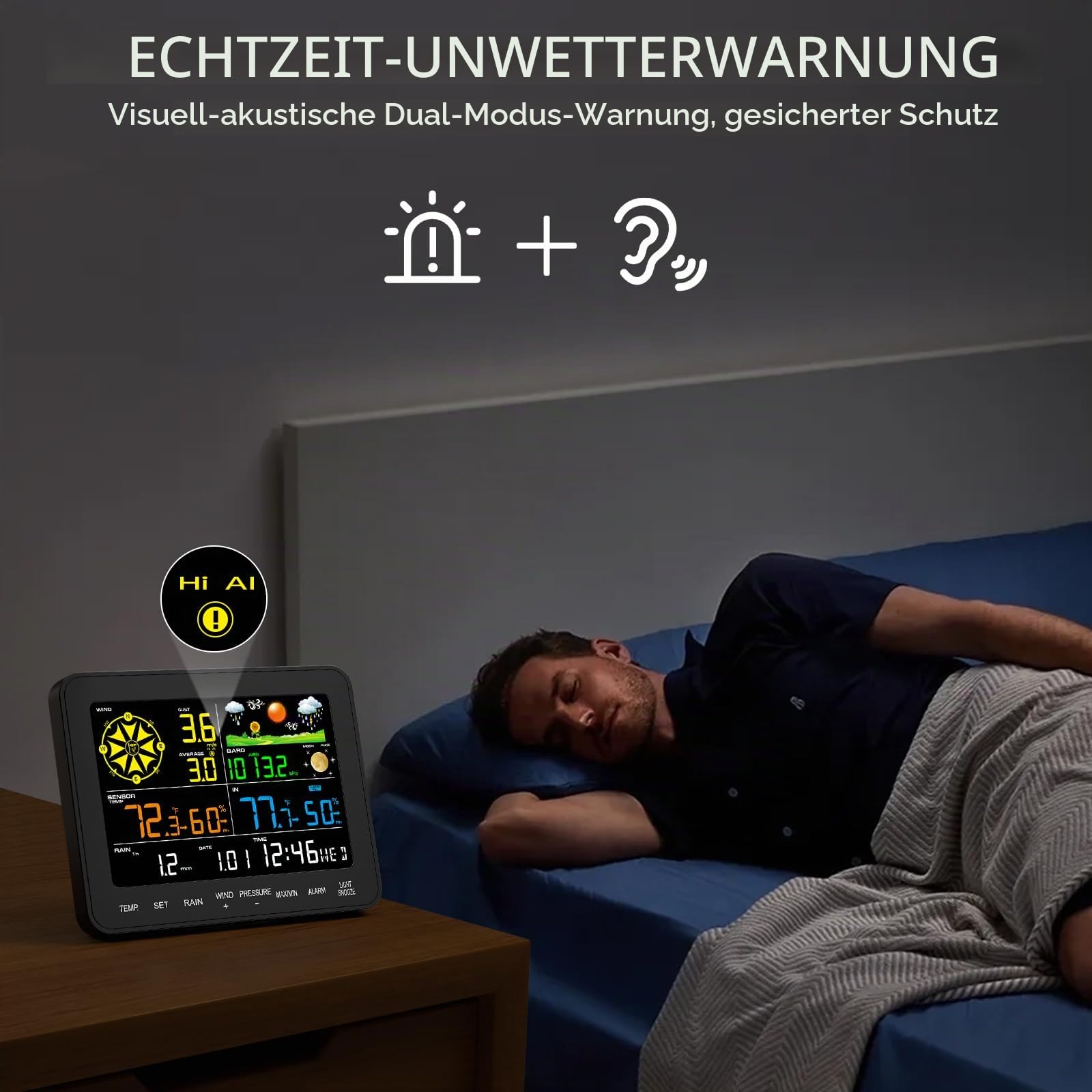 12-in-1 Wetterstation Funk mit Außensensor, Windmesser, Regenmesser, Barometer, Innen-/Außentemperatur & Luftfeuchtigkeit, Wettervorhersage, Mondphase, Farbdisplay, große Reichweite