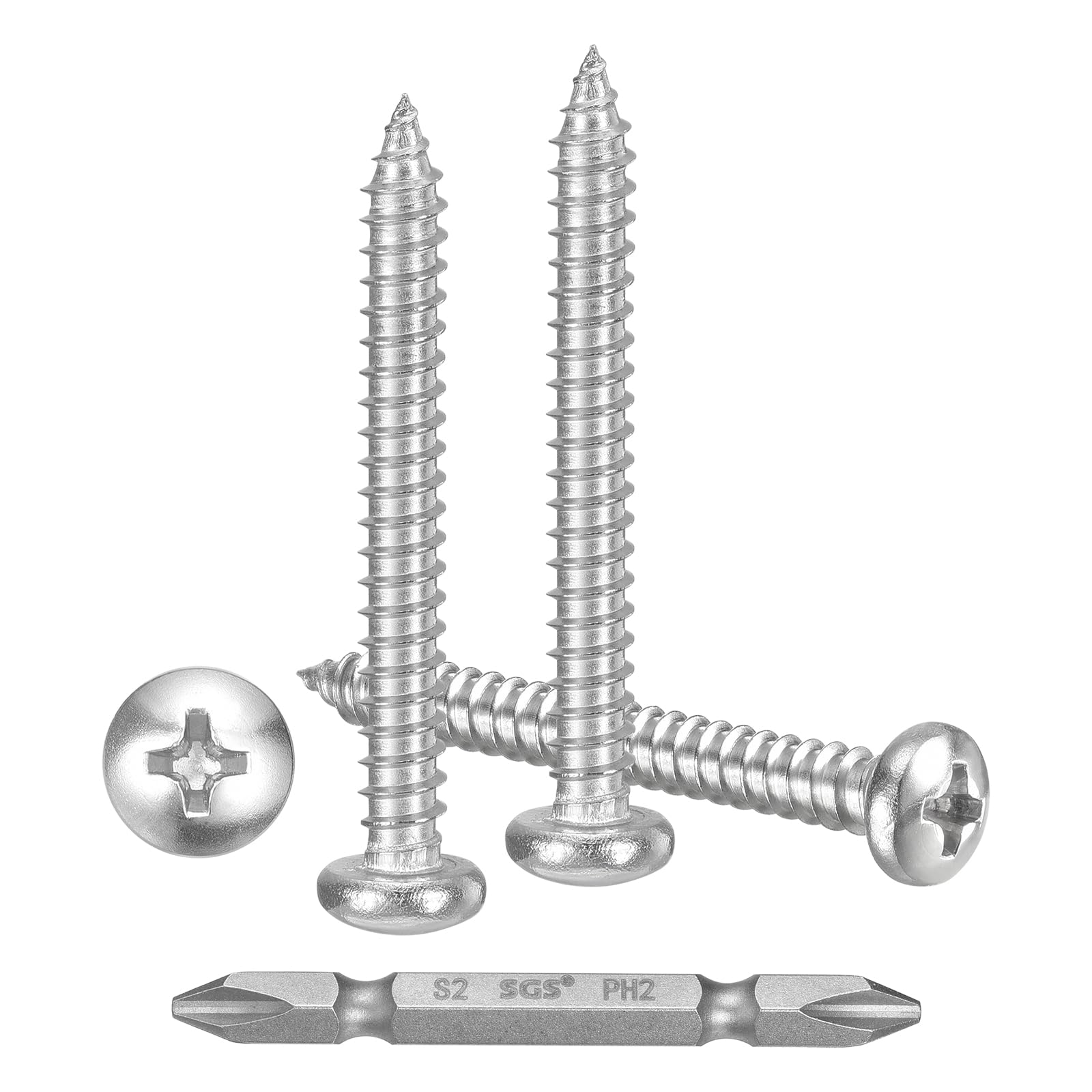 METALLIXITY Phillips Pan Head Self Tapping Screws(#8x1-1/2") 150Pcs, 304 Stainless Steel Self Drilling Screw for Metal Wood Plastic with Bit, for Cabinet Wall Shutter Plate Furniture, Silver