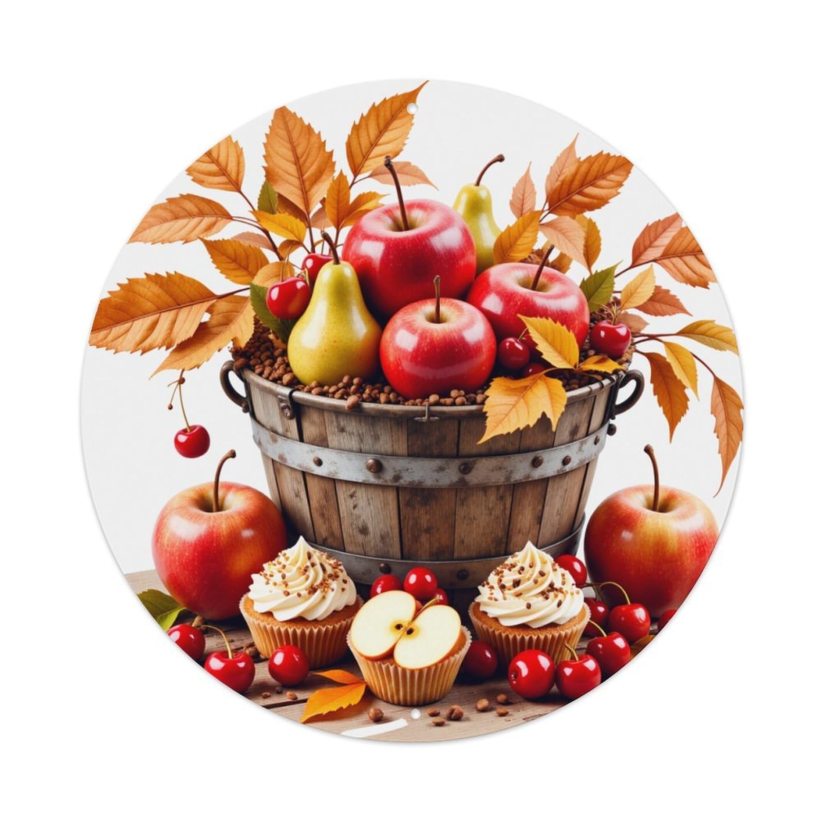 Autumn Fruits Cupcakes Leaves Bucket Round Tin Sign Vintage Metal Poster, Home Bar Garage Man Cave Cafe Indoor & Outdoor Wall Decoration 8x8Inches