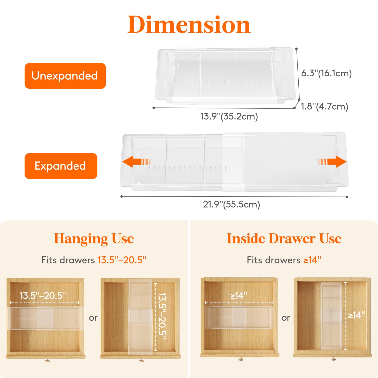 Lifewit organizer do szuflad, regulowany separator szuflad, 35,2–55,5 cm długości i 4,7 cm wysokości, wiszący plastikowy organizer na kosmetyki, do makijażu, kuchni, biura, 1 sztuka, biały