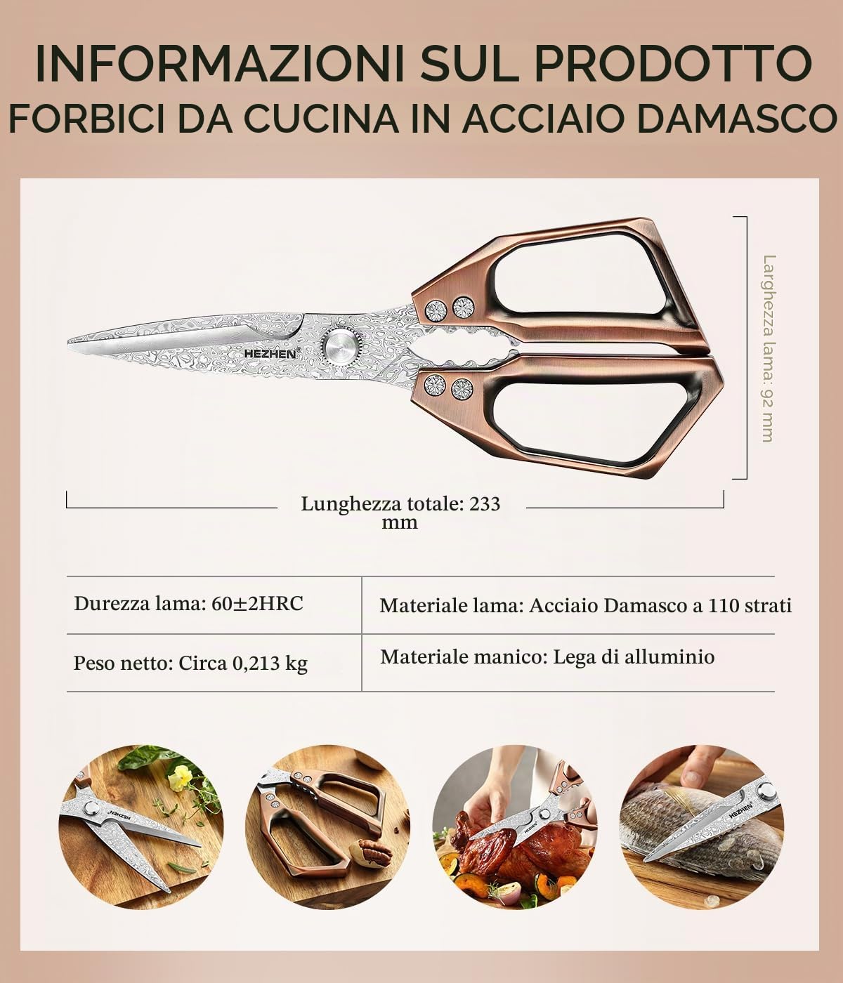 HEZHEN Forbici Da Cucina Acciaio Damasco,Cesoie da Cucina Multifunzionali,Heavy Duty Forbici per Alimenti, Manico in Lega di Alluminio