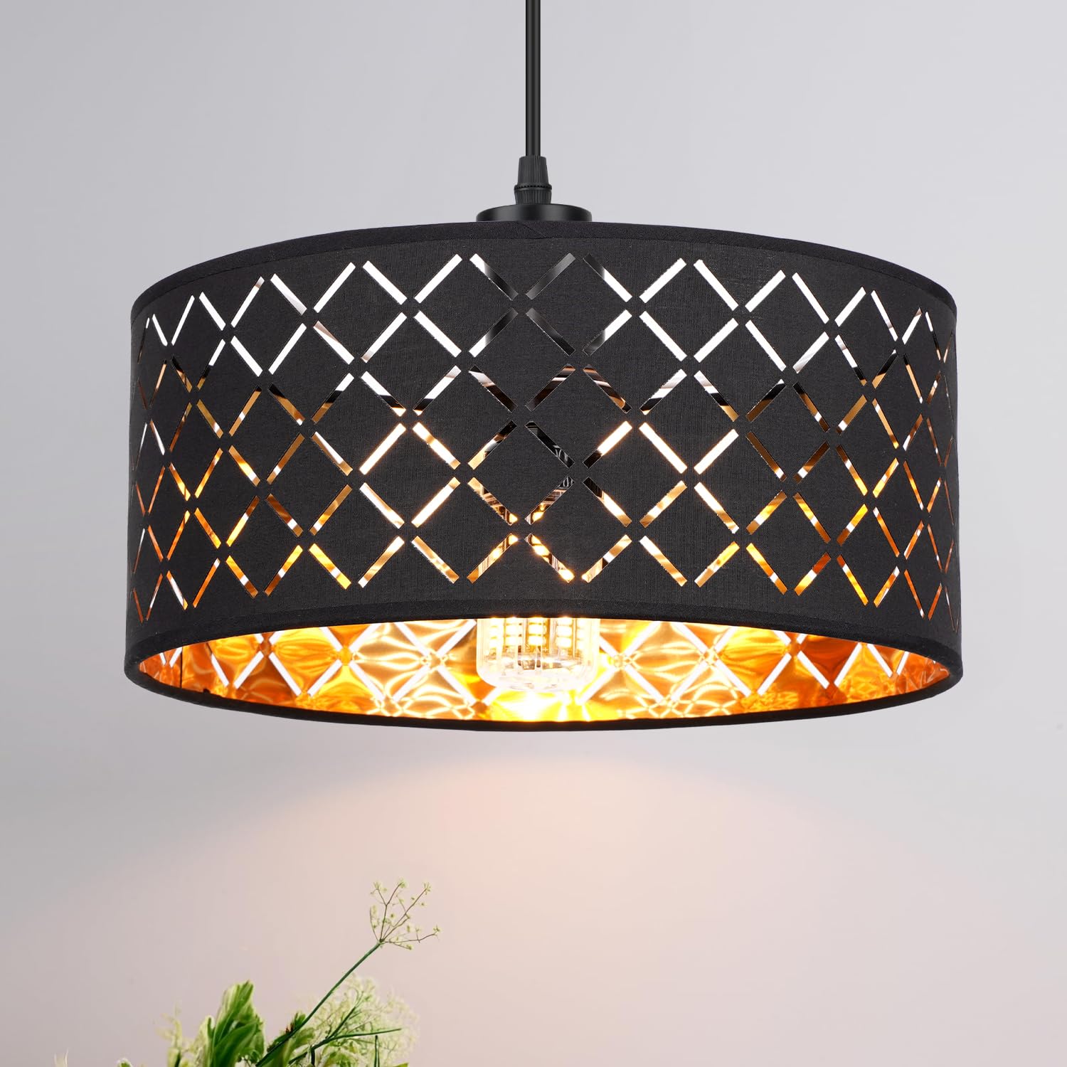 Frideko Light Shade - Modern Black Lampshades for Ceiling Lights with Gold Inner,Arygle Pattern Cut Lamp Shade for Bedroom,Living Room,Hallway and Kitchen