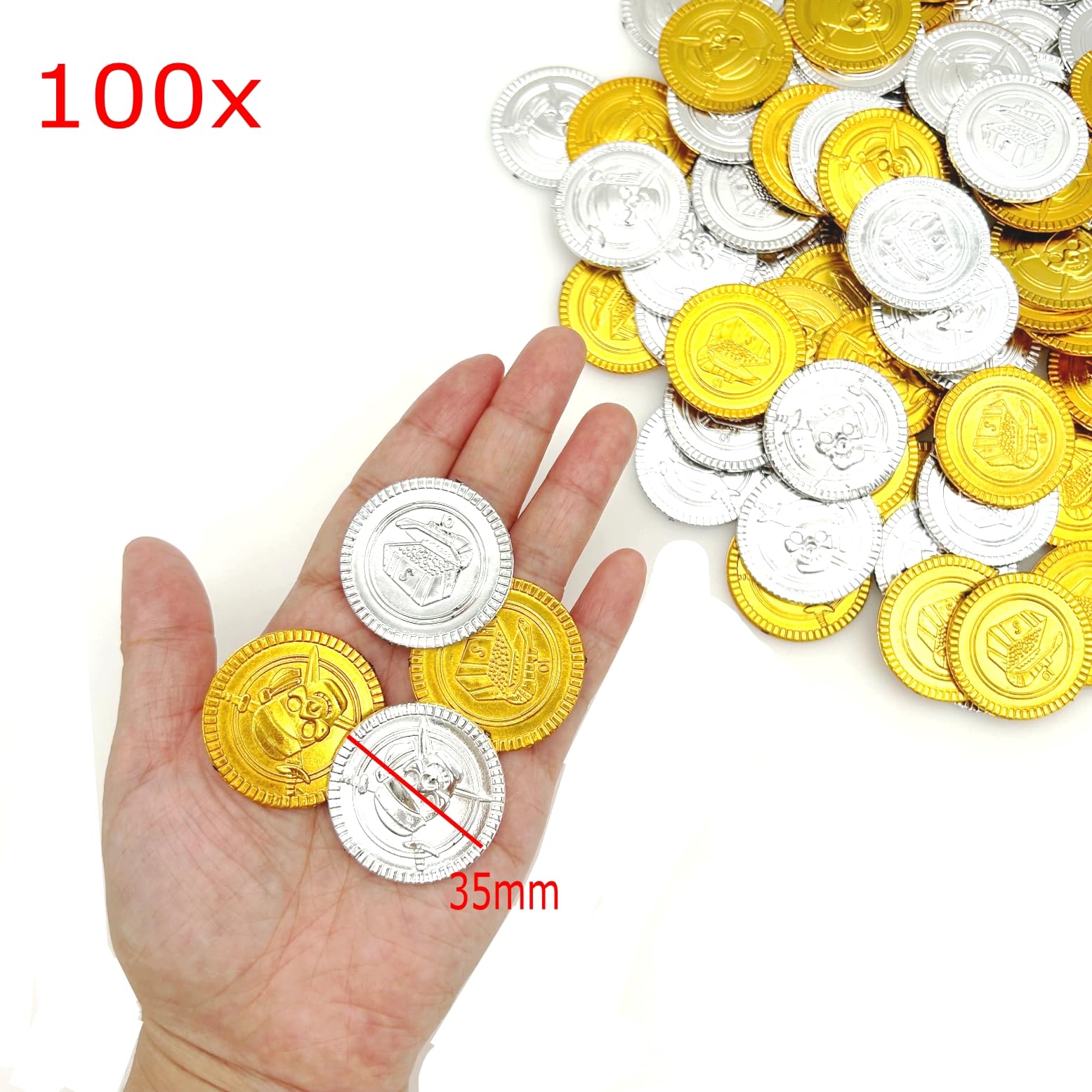 JZK 100 x Monete d'Argento e d'oro in plastica finte Monete Pirata Caccia al Tesoro Giocattoli per Bambini Festa bomboniere Feste per Halloween/Natale/Festa di Compleanno per Bambini