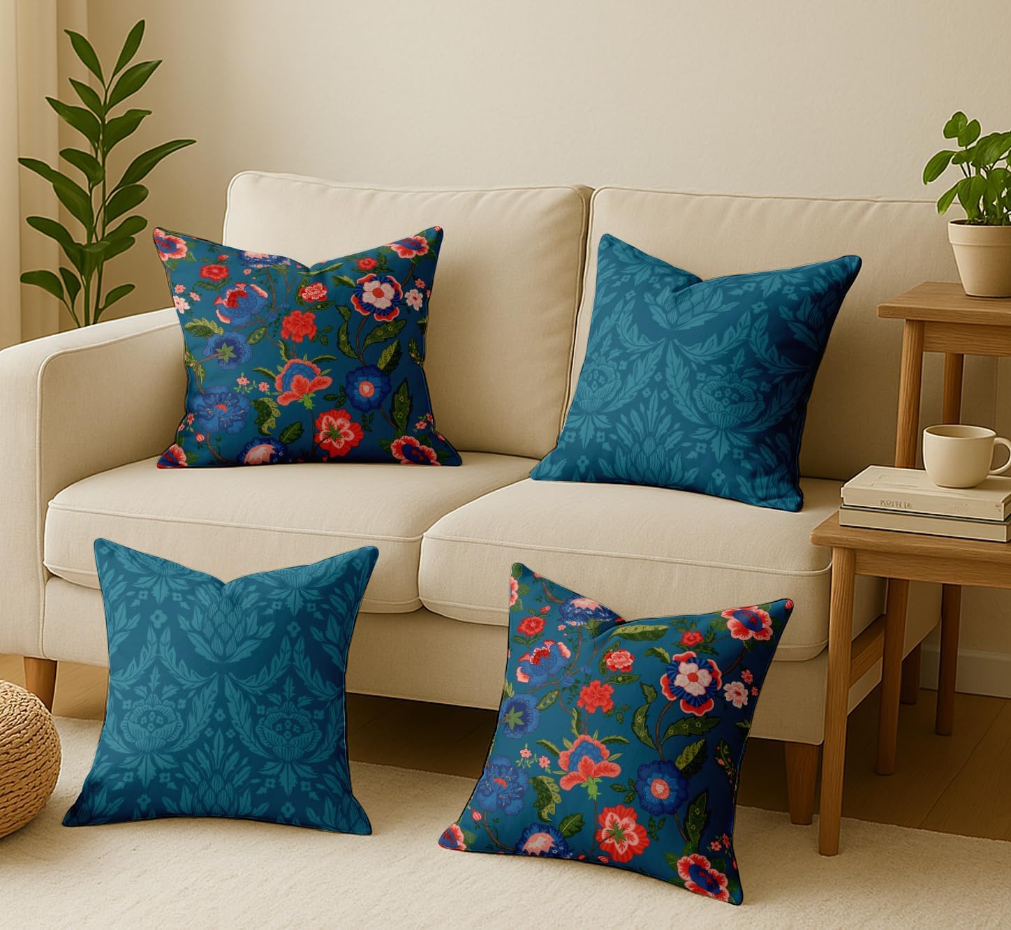 16x16, Cotton Cushion Covers Set of 4 Printed Throw Pillow Covers with Hidden Zip, Double Sided Design - Blue, Floral Design