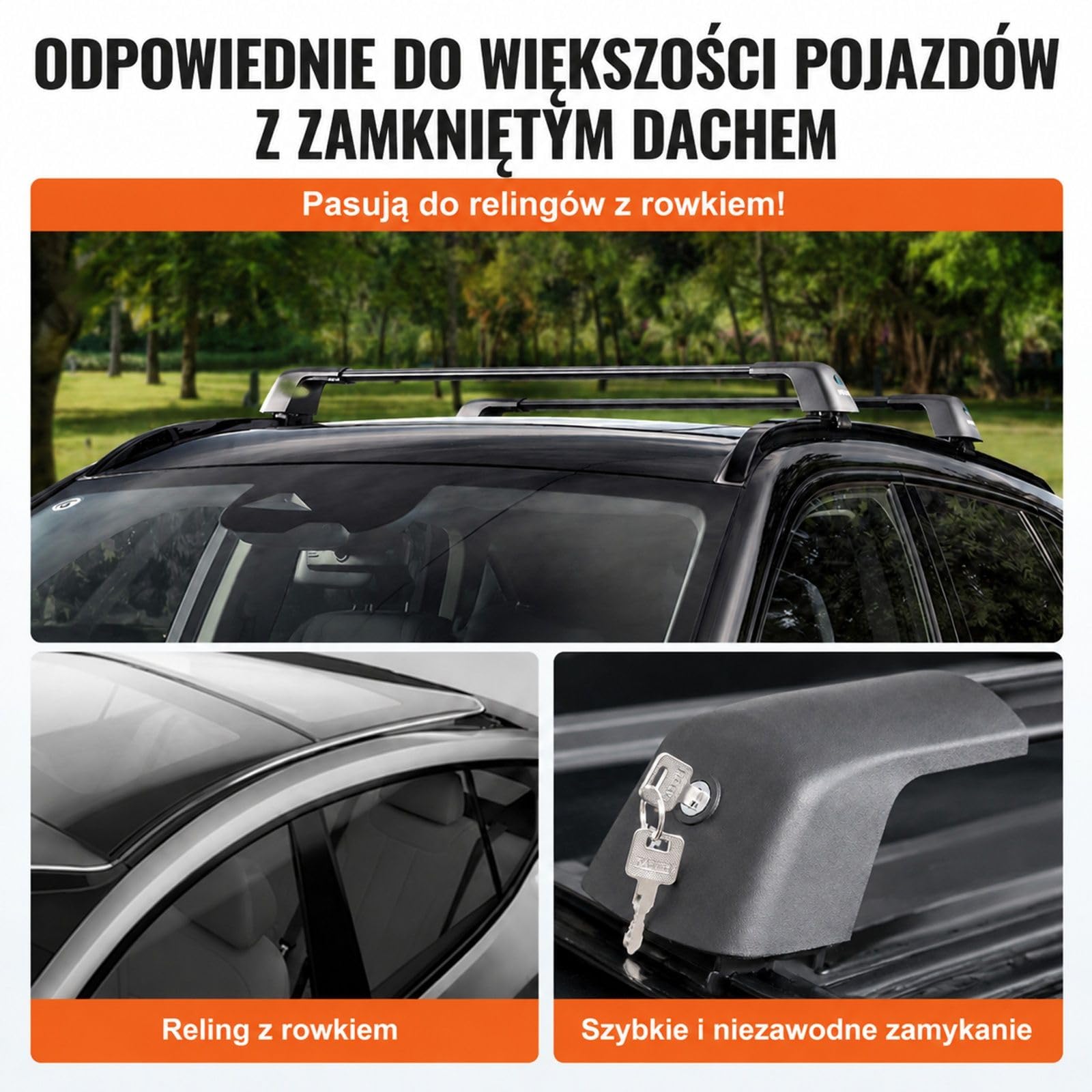 Aluminiowe belki poprzeczne na dach auta, 2 szt, czarne, do podniesionych relingów z przerwą, z zamkiem i kluczami